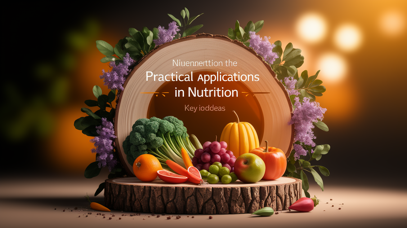 A conceptual illustration representing Practical Applications in Nutrition. Visualize the main ideas: . Creative but clear representation of the concept. Style: Use shallow depth of field with selective focus to create a professional, intimate feel  Employ warm, natural lighting that casts a honey-golden glow on the main subjects  Position items on a rustic wooden surface, preferably a cross-section of a tree trunk with visible rings and natural texture  Incorporate vibrant green foliage and delicate purple flowers around the composition's edges  Maintain a soft, gently blurred natural background with subtle bokeh effect  Feature a harmonious color palette of amber, deep greens, and soft purples  Arrange elements at varying heights to create visual interest and natural flow  Create a clean, uncluttered composition that feels organic yet intentional  Capture fine details and textures with macro-photography techniques  Evoke a serene, botanical spa-like atmosphere that feels both premium and natural. high quality, detailed, professional, clean composition, good lighting, sharp focus, well-composed. high quality, professional, detailed, well-composed