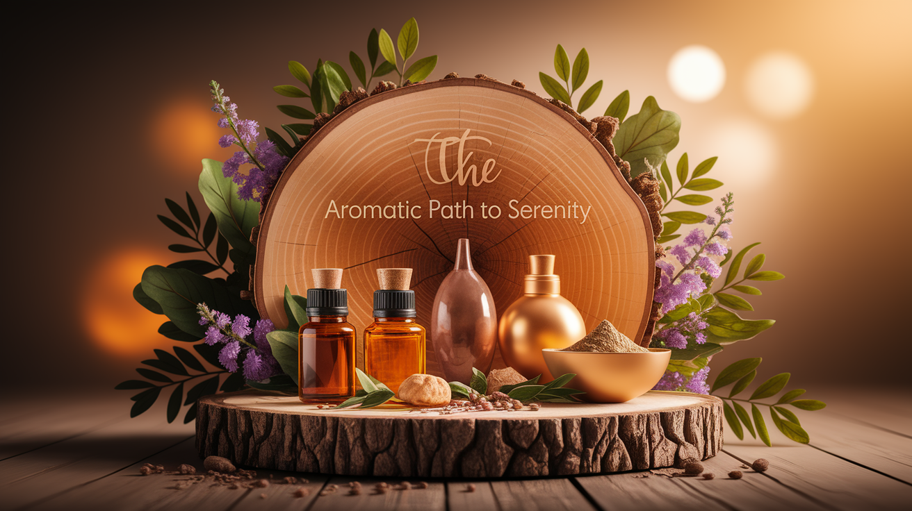 A conceptual illustration representing Introduction - The Aromatic Path to Serenity. Visualize the main ideas: . Creative but clear representation of the concept. Style: Use shallow depth of field with selective focus to create a professional, intimate feel  Employ warm, natural lighting that casts a honey-golden glow on the main subjects  Position items on a rustic wooden surface, preferably a cross-section of a tree trunk with visible rings and natural texture  Incorporate vibrant green foliage and delicate purple flowers around the composition's edges  Maintain a soft, gently blurred natural background with subtle bokeh effect  Feature a harmonious color palette of amber, deep greens, and soft purples  Arrange elements at varying heights to create visual interest and natural flow  Create a clean, uncluttered composition that feels organic yet intentional  Capture fine details and textures with macro-photography techniques  Evoke a serene, botanical spa-like atmosphere that feels both premium and natural. high quality, detailed, professional, clean composition, good lighting, sharp focus, well-composed. high quality, professional, detailed, well-composed