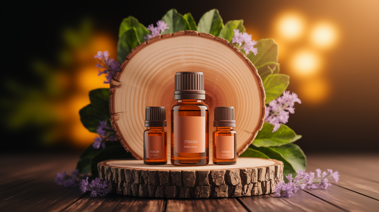 A conceptual illustration representing Proven Benefits of Essential Oils for Stress Reduction. Visualize the main ideas: . Creative but clear representation of the concept. Style: Use shallow depth of field with selective focus to create a professional, intimate feel  Employ warm, natural lighting that casts a honey-golden glow on the main subjects  Position items on a rustic wooden surface, preferably a cross-section of a tree trunk with visible rings and natural texture  Incorporate vibrant green foliage and delicate purple flowers around the composition's edges  Maintain a soft, gently blurred natural background with subtle bokeh effect  Feature a harmonious color palette of amber, deep greens, and soft purples  Arrange elements at varying heights to create visual interest and natural flow  Create a clean, uncluttered composition that feels organic yet intentional  Capture fine details and textures with macro-photography techniques  Evoke a serene, botanical spa-like atmosphere that feels both premium and natural. high quality, detailed, professional, clean composition, good lighting, sharp focus, well-composed. high quality, professional, detailed, well-composed