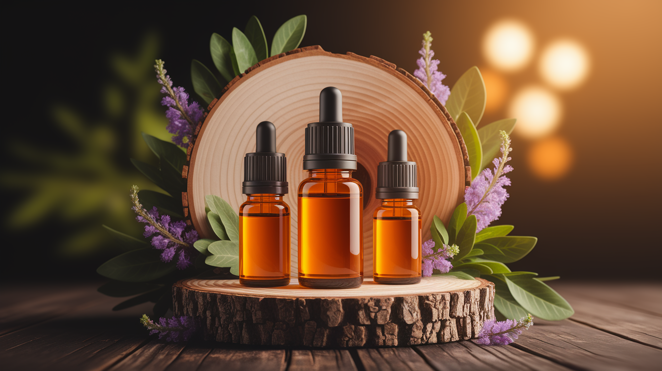 A conceptual illustration representing Popular Essential Oils for Stress Relief. Visualize the main ideas: . Creative but clear representation of the concept. Style: Use shallow depth of field with selective focus to create a professional, intimate feel  Employ warm, natural lighting that casts a honey-golden glow on the main subjects  Position items on a rustic wooden surface, preferably a cross-section of a tree trunk with visible rings and natural texture  Incorporate vibrant green foliage and delicate purple flowers around the composition's edges  Maintain a soft, gently blurred natural background with subtle bokeh effect  Feature a harmonious color palette of amber, deep greens, and soft purples  Arrange elements at varying heights to create visual interest and natural flow  Create a clean, uncluttered composition that feels organic yet intentional  Capture fine details and textures with macro-photography techniques  Evoke a serene, botanical spa-like atmosphere that feels both premium and natural. high quality, detailed, professional, clean composition, good lighting, sharp focus, well-composed. high quality, professional, detailed, well-composed