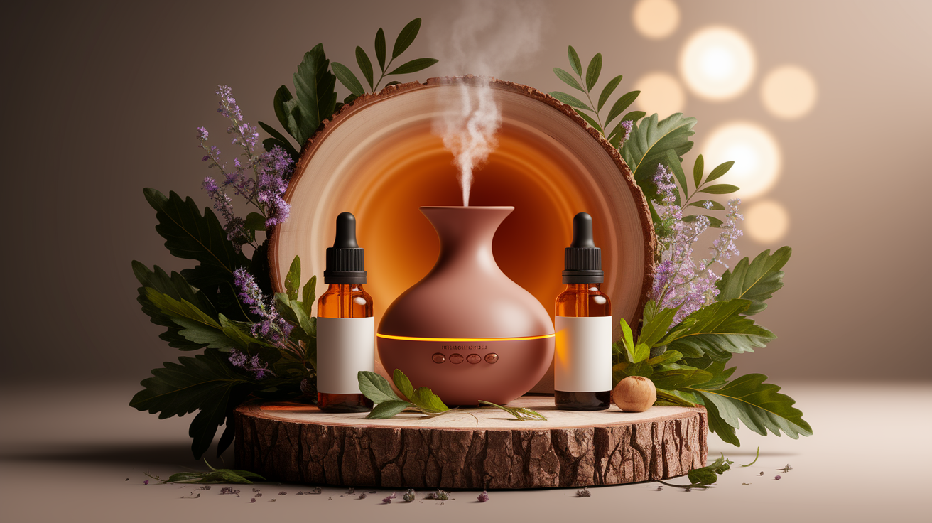 A conceptual illustration representing Methods of Using Essential Oils for Stress Relief. Visualize the main ideas: . Creative but clear representation of the concept. Style: Use shallow depth of field with selective focus to create a professional, intimate feel  Employ warm, natural lighting that casts a honey-golden glow on the main subjects  Position items on a rustic wooden surface, preferably a cross-section of a tree trunk with visible rings and natural texture  Incorporate vibrant green foliage and delicate purple flowers around the composition's edges  Maintain a soft, gently blurred natural background with subtle bokeh effect  Feature a harmonious color palette of amber, deep greens, and soft purples  Arrange elements at varying heights to create visual interest and natural flow  Create a clean, uncluttered composition that feels organic yet intentional  Capture fine details and textures with macro-photography techniques  Evoke a serene, botanical spa-like atmosphere that feels both premium and natural. high quality, detailed, professional, clean composition, good lighting, sharp focus, well-composed. high quality, professional, detailed, well-composed