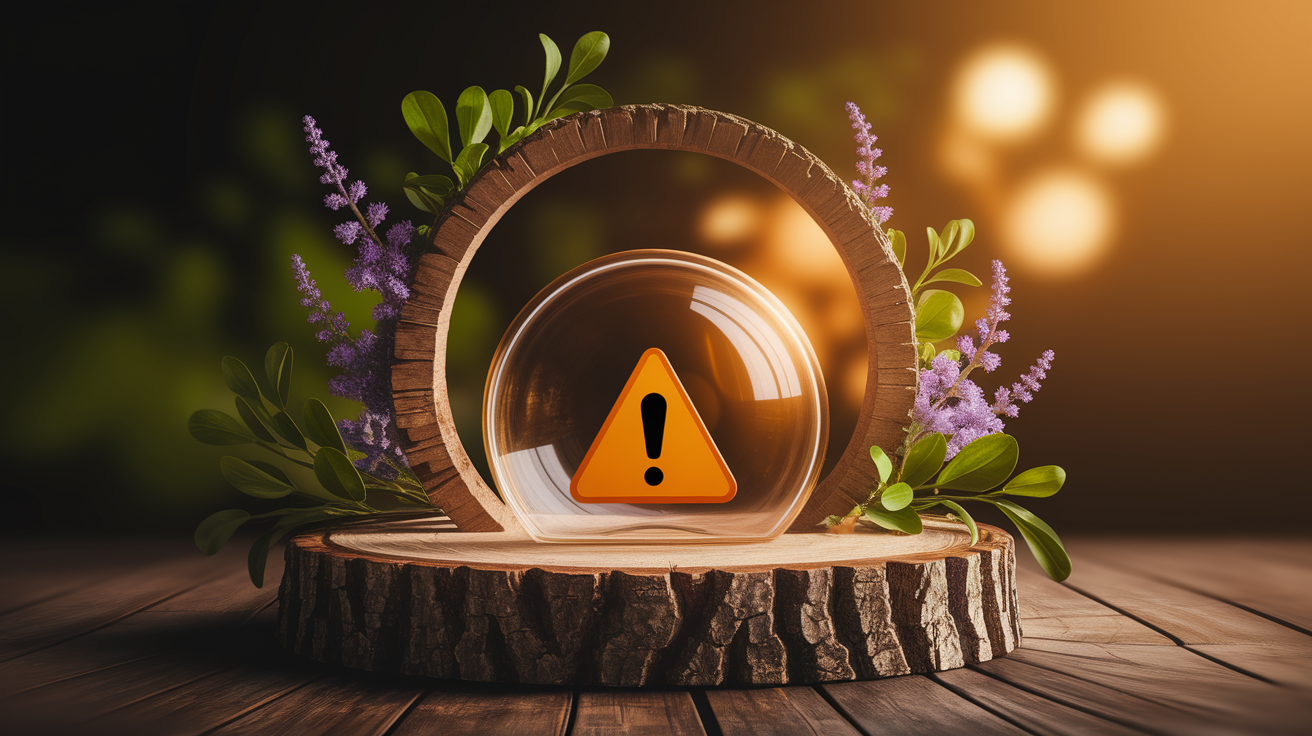 A conceptual illustration representing Safety Considerations and Complementary Use. Visualize the main ideas: . Creative but clear representation of the concept. Style: Use shallow depth of field with selective focus to create a professional, intimate feel  Employ warm, natural lighting that casts a honey-golden glow on the main subjects  Position items on a rustic wooden surface, preferably a cross-section of a tree trunk with visible rings and natural texture  Incorporate vibrant green foliage and delicate purple flowers around the composition's edges  Maintain a soft, gently blurred natural background with subtle bokeh effect  Feature a harmonious color palette of amber, deep greens, and soft purples  Arrange elements at varying heights to create visual interest and natural flow  Create a clean, uncluttered composition that feels organic yet intentional  Capture fine details and textures with macro-photography techniques  Evoke a serene, botanical spa-like atmosphere that feels both premium and natural. high quality, detailed, professional, clean composition, good lighting, sharp focus, well-composed. high quality, professional, detailed, well-composed