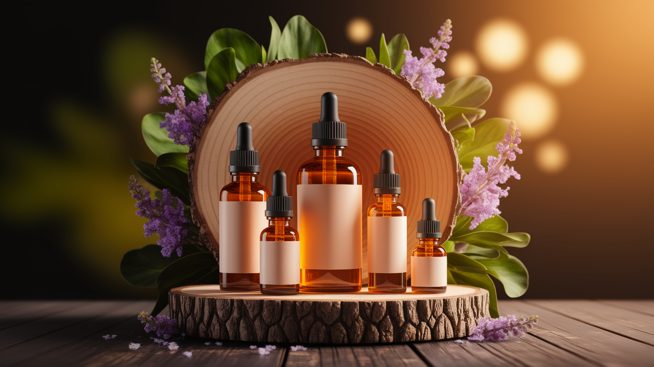 A conceptual illustration representing The Power of Essential Oils in Skin Firming. Visualize the main ideas: . Creative but clear representation of the concept. Style: Use shallow depth of field with selective focus to create a professional, intimate feel  Employ warm, natural lighting that casts a honey-golden glow on the main subjects  Position items on a rustic wooden surface, preferably a cross-section of a tree trunk with visible rings and natural texture  Incorporate vibrant green foliage and delicate purple flowers around the composition's edges  Maintain a soft, gently blurred natural background with subtle bokeh effect  Feature a harmonious color palette of amber, deep greens, and soft purples  Arrange elements at varying heights to create visual interest and natural flow  Create a clean, uncluttered composition that feels organic yet intentional  Capture fine details and textures with macro-photography techniques  Evoke a serene, botanical spa-like atmosphere that feels both premium and natural. high quality, detailed, professional, clean composition, good lighting, sharp focus, well-composed. high quality, professional, detailed, well-composed