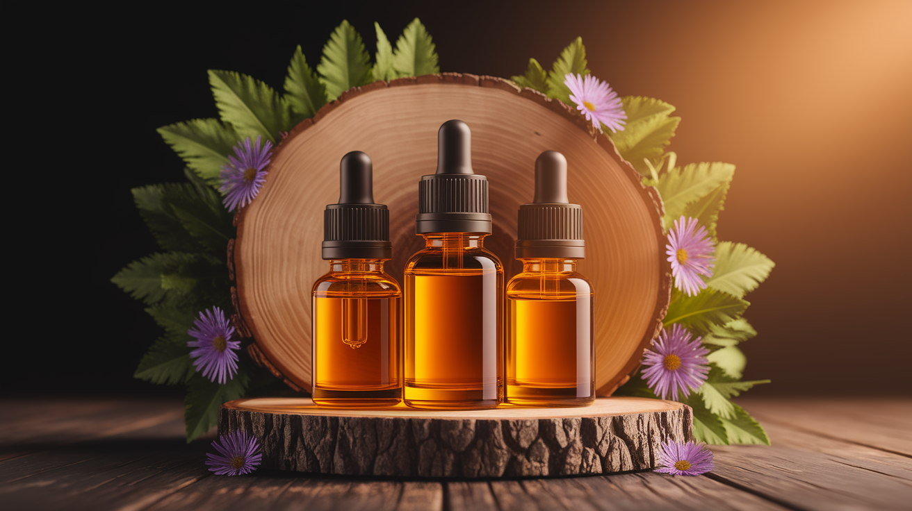 A conceptual illustration representing Top Essential Oils for Firming Skin. Visualize the main ideas: . Creative but clear representation of the concept. Style: Use shallow depth of field with selective focus to create a professional, intimate feel  Employ warm, natural lighting that casts a honey-golden glow on the main subjects  Position items on a rustic wooden surface, preferably a cross-section of a tree trunk with visible rings and natural texture  Incorporate vibrant green foliage and delicate purple flowers around the composition's edges  Maintain a soft, gently blurred natural background with subtle bokeh effect  Feature a harmonious color palette of amber, deep greens, and soft purples  Arrange elements at varying heights to create visual interest and natural flow  Create a clean, uncluttered composition that feels organic yet intentional  Capture fine details and textures with macro-photography techniques  Evoke a serene, botanical spa-like atmosphere that feels both premium and natural. high quality, detailed, professional, clean composition, good lighting, sharp focus, well-composed. high quality, professional, detailed, well-composed