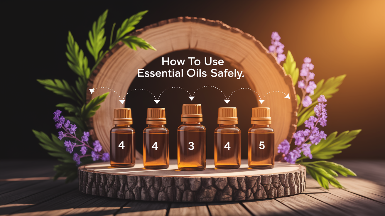 A clear, step-by-step visual illustration showing How to Use Essential Oils Safely. Focus on . Include visual elements like arrows, numbered steps, or sequential flow. Professional and instructional style. Style: Use shallow depth of field with selective focus to create a professional, intimate feel  Employ warm, natural lighting that casts a honey-golden glow on the main subjects  Position items on a rustic wooden surface, preferably a cross-section of a tree trunk with visible rings and natural texture  Incorporate vibrant green foliage and delicate purple flowers around the composition's edges  Maintain a soft, gently blurred natural background with subtle bokeh effect  Feature a harmonious color palette of amber, deep greens, and soft purples  Arrange elements at varying heights to create visual interest and natural flow  Create a clean, uncluttered composition that feels organic yet intentional  Capture fine details and textures with macro-photography techniques  Evoke a serene, botanical spa-like atmosphere that feels both premium and natural. high quality, detailed, professional, clean composition, good lighting, sharp focus, well-composed. high quality, professional, detailed, well-composed