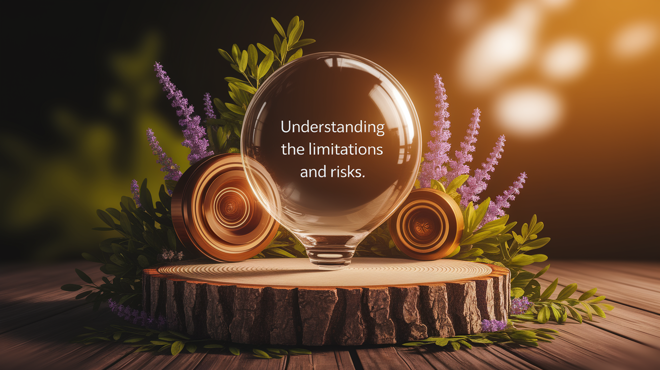 A conceptual illustration representing Understanding the Limitations and Risks. Visualize the main ideas: . Creative but clear representation of the concept. Style: Use shallow depth of field with selective focus to create a professional, intimate feel  Employ warm, natural lighting that casts a honey-golden glow on the main subjects  Position items on a rustic wooden surface, preferably a cross-section of a tree trunk with visible rings and natural texture  Incorporate vibrant green foliage and delicate purple flowers around the composition's edges  Maintain a soft, gently blurred natural background with subtle bokeh effect  Feature a harmonious color palette of amber, deep greens, and soft purples  Arrange elements at varying heights to create visual interest and natural flow  Create a clean, uncluttered composition that feels organic yet intentional  Capture fine details and textures with macro-photography techniques  Evoke a serene, botanical spa-like atmosphere that feels both premium and natural. high quality, detailed, professional, clean composition, good lighting, sharp focus, well-composed. high quality, professional, detailed, well-composed