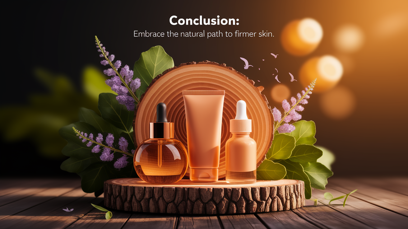 A conceptual illustration representing Conclusion: Embrace the Natural Path to Firmer Skin. Visualize the main ideas: . Creative but clear representation of the concept. Style: Use shallow depth of field with selective focus to create a professional, intimate feel  Employ warm, natural lighting that casts a honey-golden glow on the main subjects  Position items on a rustic wooden surface, preferably a cross-section of a tree trunk with visible rings and natural texture  Incorporate vibrant green foliage and delicate purple flowers around the composition's edges  Maintain a soft, gently blurred natural background with subtle bokeh effect  Feature a harmonious color palette of amber, deep greens, and soft purples  Arrange elements at varying heights to create visual interest and natural flow  Create a clean, uncluttered composition that feels organic yet intentional  Capture fine details and textures with macro-photography techniques  Evoke a serene, botanical spa-like atmosphere that feels both premium and natural. high quality, detailed, professional, clean composition, good lighting, sharp focus, well-composed. high quality, professional, detailed, well-composed
