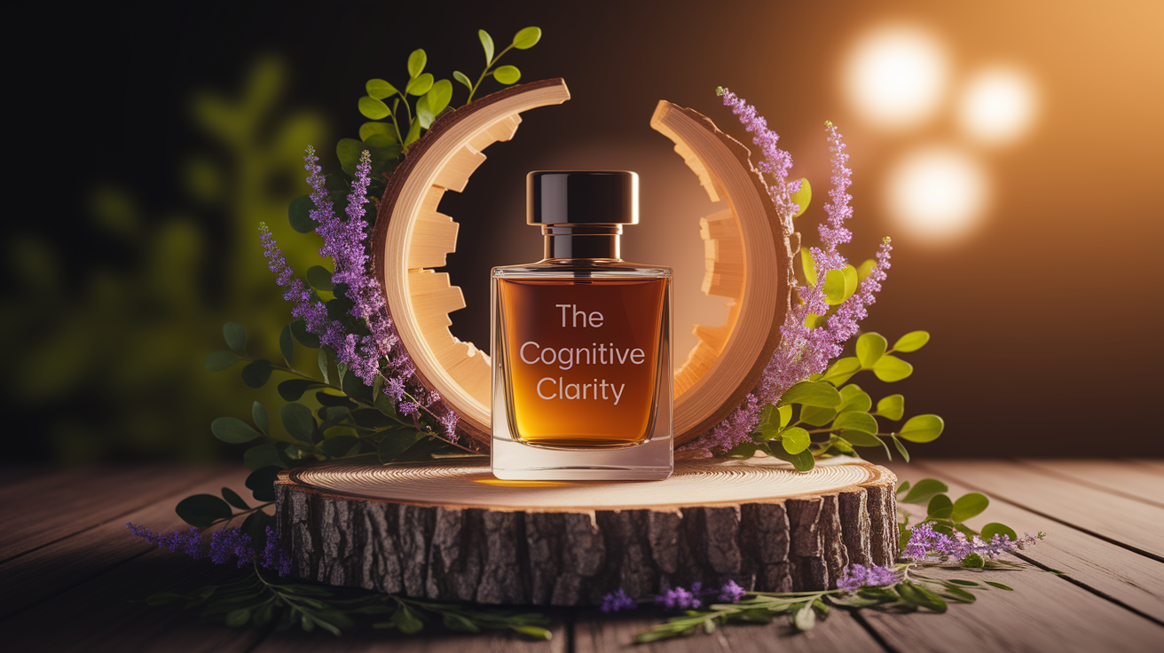 A conceptual illustration representing Introduction - The Scent of Cognitive Clarity. Visualize the main ideas: . Creative but clear representation of the concept. Style: Use shallow depth of field with selective focus to create a professional, intimate feel  Employ warm, natural lighting that casts a honey-golden glow on the main subjects  Position items on a rustic wooden surface, preferably a cross-section of a tree trunk with visible rings and natural texture  Incorporate vibrant green foliage and delicate purple flowers around the composition's edges  Maintain a soft, gently blurred natural background with subtle bokeh effect  Feature a harmonious color palette of amber, deep greens, and soft purples  Arrange elements at varying heights to create visual interest and natural flow  Create a clean, uncluttered composition that feels organic yet intentional  Capture fine details and textures with macro-photography techniques  Evoke a serene, botanical spa-like atmosphere that feels both premium and natural. high quality, detailed, professional, clean composition, good lighting, sharp focus, well-composed. high quality, professional, detailed, well-composed