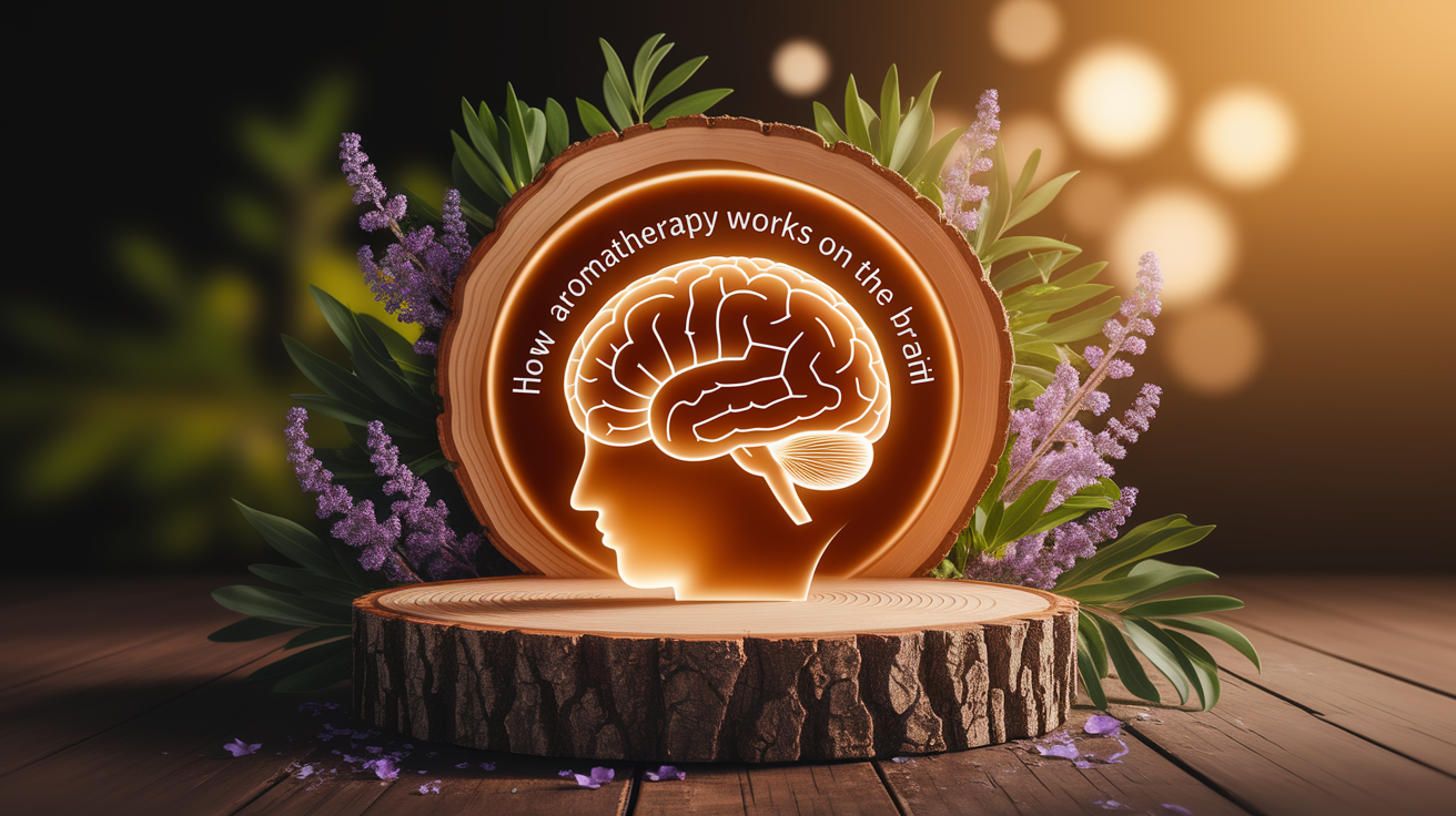 A conceptual illustration representing How Aromatherapy Works on the Brain. Visualize the main ideas: . Creative but clear representation of the concept. Style: Use shallow depth of field with selective focus to create a professional, intimate feel  Employ warm, natural lighting that casts a honey-golden glow on the main subjects  Position items on a rustic wooden surface, preferably a cross-section of a tree trunk with visible rings and natural texture  Incorporate vibrant green foliage and delicate purple flowers around the composition's edges  Maintain a soft, gently blurred natural background with subtle bokeh effect  Feature a harmonious color palette of amber, deep greens, and soft purples  Arrange elements at varying heights to create visual interest and natural flow  Create a clean, uncluttered composition that feels organic yet intentional  Capture fine details and textures with macro-photography techniques  Evoke a serene, botanical spa-like atmosphere that feels both premium and natural. high quality, detailed, professional, clean composition, good lighting, sharp focus, well-composed. high quality, professional, detailed, well-composed