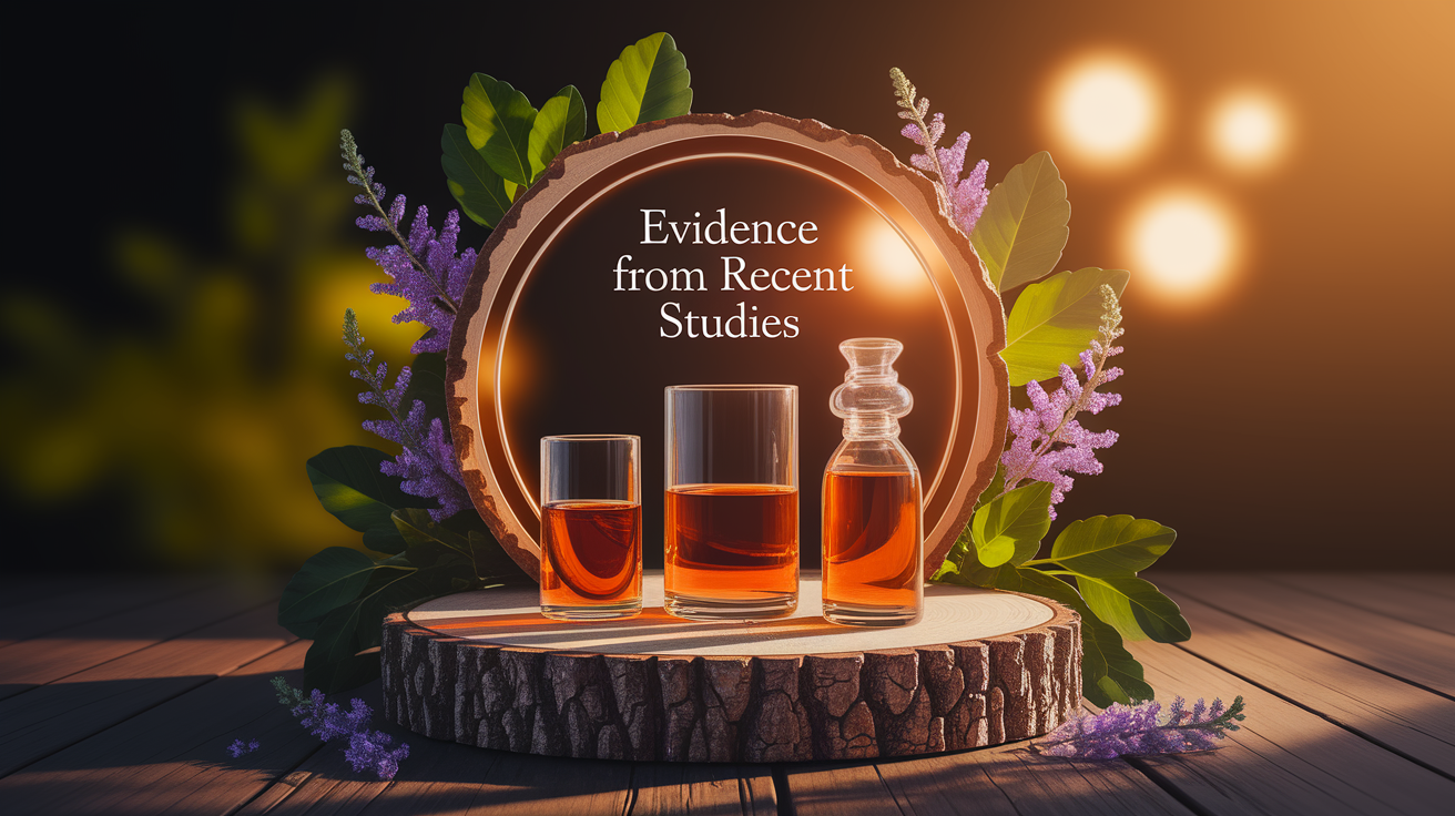 A conceptual illustration representing Evidence from Recent Studies. Visualize the main ideas: . Creative but clear representation of the concept. Style: Use shallow depth of field with selective focus to create a professional, intimate feel  Employ warm, natural lighting that casts a honey-golden glow on the main subjects  Position items on a rustic wooden surface, preferably a cross-section of a tree trunk with visible rings and natural texture  Incorporate vibrant green foliage and delicate purple flowers around the composition's edges  Maintain a soft, gently blurred natural background with subtle bokeh effect  Feature a harmonious color palette of amber, deep greens, and soft purples  Arrange elements at varying heights to create visual interest and natural flow  Create a clean, uncluttered composition that feels organic yet intentional  Capture fine details and textures with macro-photography techniques  Evoke a serene, botanical spa-like atmosphere that feels both premium and natural. high quality, detailed, professional, clean composition, good lighting, sharp focus, well-composed. high quality, professional, detailed, well-composed