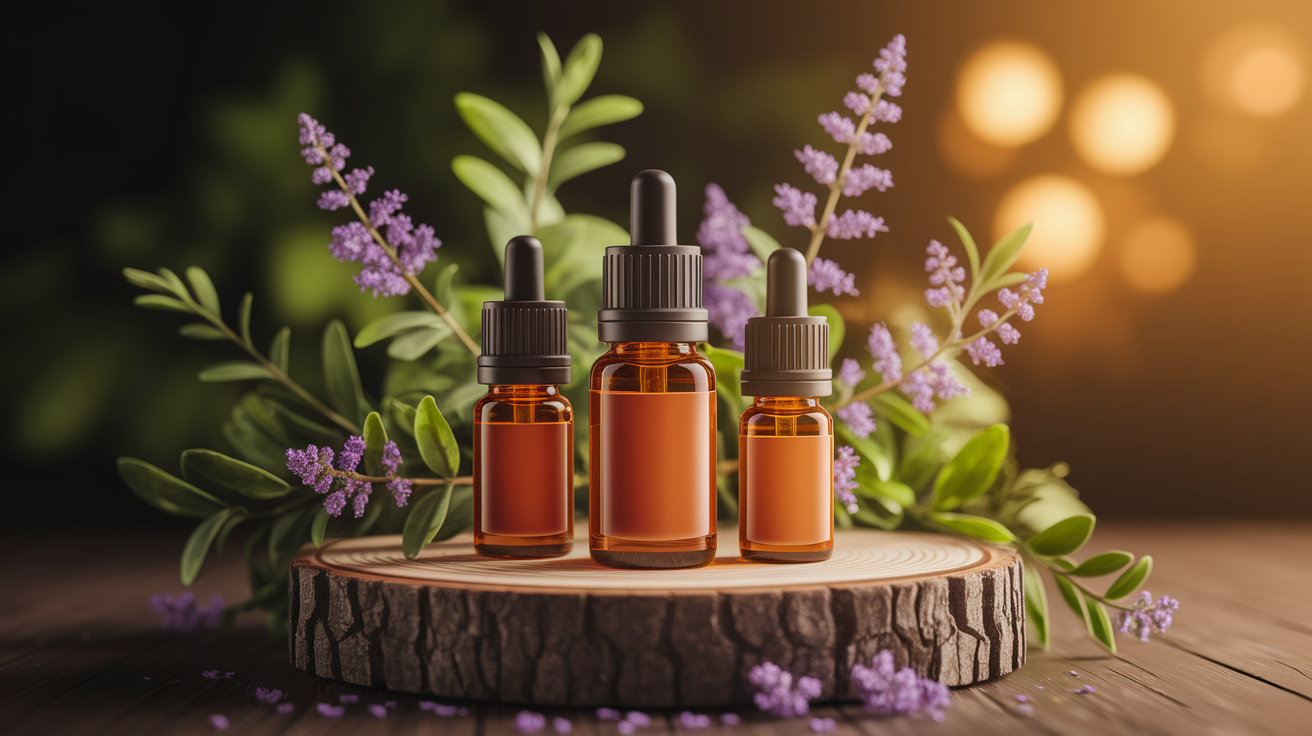 A conceptual illustration representing Essential Oils for Cognitive Support. Visualize the main ideas: . Creative but clear representation of the concept. Style: Use shallow depth of field with selective focus to create a professional, intimate feel  Employ warm, natural lighting that casts a honey-golden glow on the main subjects  Position items on a rustic wooden surface, preferably a cross-section of a tree trunk with visible rings and natural texture  Incorporate vibrant green foliage and delicate purple flowers around the composition's edges  Maintain a soft, gently blurred natural background with subtle bokeh effect  Feature a harmonious color palette of amber, deep greens, and soft purples  Arrange elements at varying heights to create visual interest and natural flow  Create a clean, uncluttered composition that feels organic yet intentional  Capture fine details and textures with macro-photography techniques  Evoke a serene, botanical spa-like atmosphere that feels both premium and natural. high quality, detailed, professional, clean composition, good lighting, sharp focus, well-composed. high quality, professional, detailed, well-composed