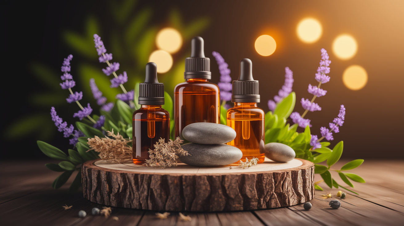 A conceptual illustration representing Practical Aromatherapy Protocols. Visualize the main ideas: . Creative but clear representation of the concept. Style: Use shallow depth of field with selective focus to create a professional, intimate feel  Employ warm, natural lighting that casts a honey-golden glow on the main subjects  Position items on a rustic wooden surface, preferably a cross-section of a tree trunk with visible rings and natural texture  Incorporate vibrant green foliage and delicate purple flowers around the composition's edges  Maintain a soft, gently blurred natural background with subtle bokeh effect  Feature a harmonious color palette of amber, deep greens, and soft purples  Arrange elements at varying heights to create visual interest and natural flow  Create a clean, uncluttered composition that feels organic yet intentional  Capture fine details and textures with macro-photography techniques  Evoke a serene, botanical spa-like atmosphere that feels both premium and natural. high quality, detailed, professional, clean composition, good lighting, sharp focus, well-composed. high quality, professional, detailed, well-composed
