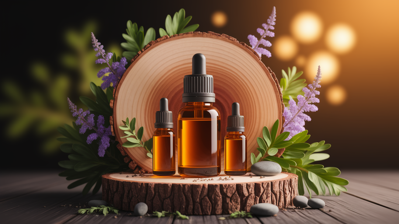 A conceptual illustration representing Understanding Essential Oils and Anxiety in Children. Visualize the main ideas: . Creative but clear representation of the concept. Style: Use shallow depth of field with selective focus to create a professional, intimate feel  Employ warm, natural lighting that casts a honey-golden glow on the main subjects  Position items on a rustic wooden surface, preferably a cross-section of a tree trunk with visible rings and natural texture  Incorporate vibrant green foliage and delicate purple flowers around the composition's edges  Maintain a soft, gently blurred natural background with subtle bokeh effect  Feature a harmonious color palette of amber, deep greens, and soft purples  Arrange elements at varying heights to create visual interest and natural flow  Create a clean, uncluttered composition that feels organic yet intentional  Capture fine details and textures with macro-photography techniques  Evoke a serene, botanical spa-like atmosphere that feels both premium and natural. high quality, detailed, professional, clean composition, good lighting, sharp focus, well-composed. high quality, professional, detailed, well-composed