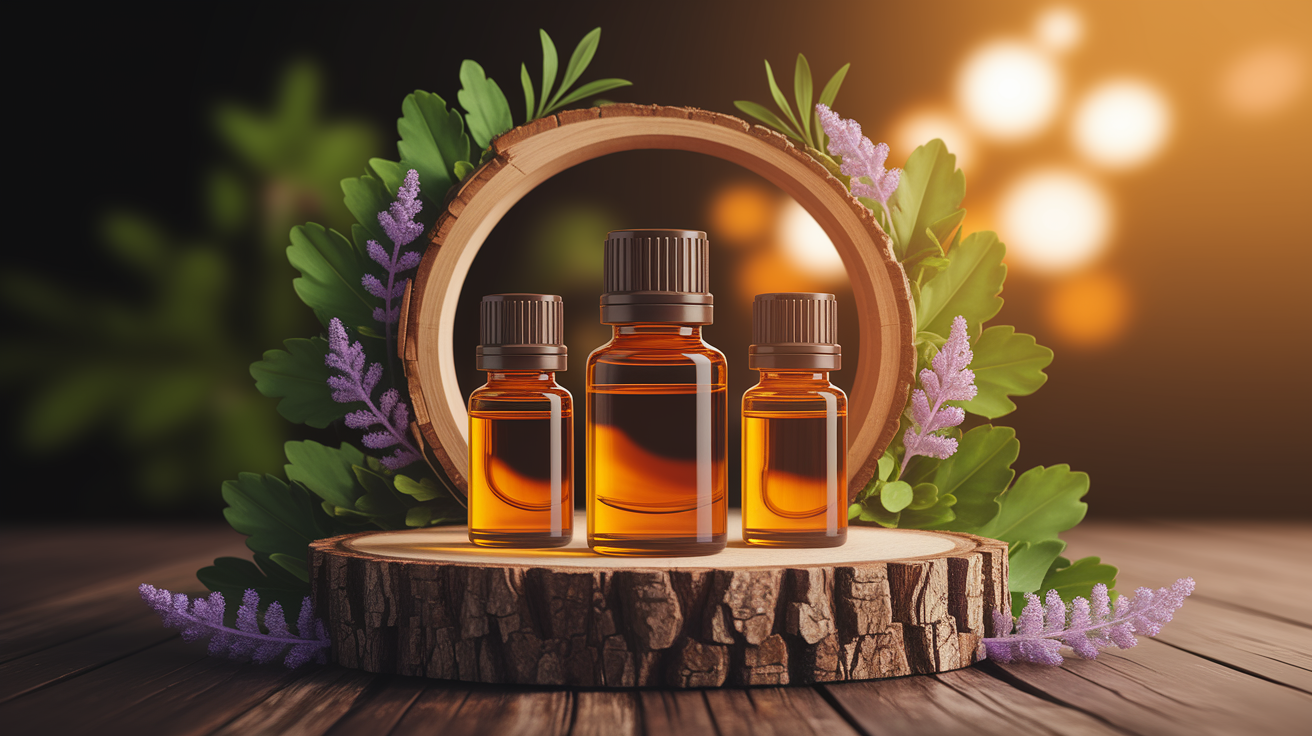 A conceptual illustration representing Top Essential Oils for Reducing Anxiety. Visualize the main ideas: . Creative but clear representation of the concept. Style: Use shallow depth of field with selective focus to create a professional, intimate feel  Employ warm, natural lighting that casts a honey-golden glow on the main subjects  Position items on a rustic wooden surface, preferably a cross-section of a tree trunk with visible rings and natural texture  Incorporate vibrant green foliage and delicate purple flowers around the composition's edges  Maintain a soft, gently blurred natural background with subtle bokeh effect  Feature a harmonious color palette of amber, deep greens, and soft purples  Arrange elements at varying heights to create visual interest and natural flow  Create a clean, uncluttered composition that feels organic yet intentional  Capture fine details and textures with macro-photography techniques  Evoke a serene, botanical spa-like atmosphere that feels both premium and natural. high quality, detailed, professional, clean composition, good lighting, sharp focus, well-composed. high quality, professional, detailed, well-composed