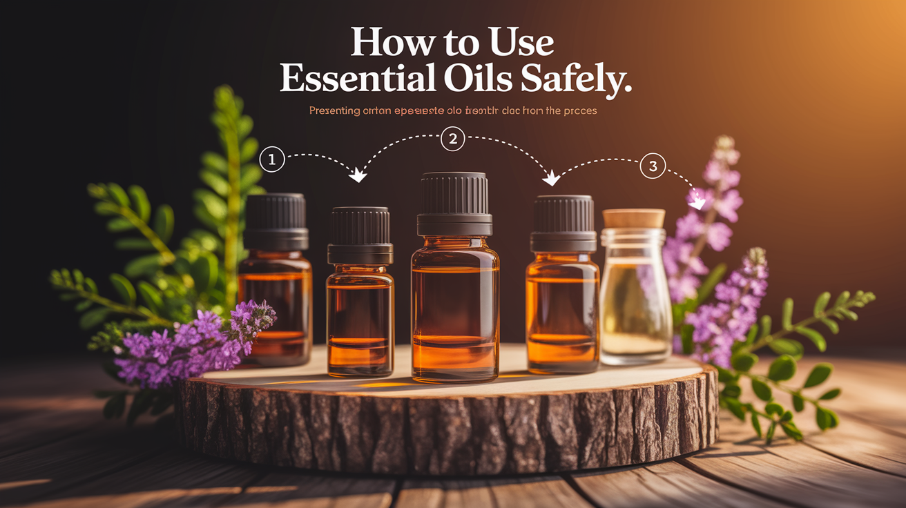 A clear, step-by-step visual illustration showing How to Use Essential Oils Safely. Focus on . Include visual elements like arrows, numbered steps, or sequential flow. Professional and instructional style. Style: Use shallow depth of field with selective focus to create a professional, intimate feel  Employ warm, natural lighting that casts a honey-golden glow on the main subjects  Position items on a rustic wooden surface, preferably a cross-section of a tree trunk with visible rings and natural texture  Incorporate vibrant green foliage and delicate purple flowers around the composition's edges  Maintain a soft, gently blurred natural background with subtle bokeh effect  Feature a harmonious color palette of amber, deep greens, and soft purples  Arrange elements at varying heights to create visual interest and natural flow  Create a clean, uncluttered composition that feels organic yet intentional  Capture fine details and textures with macro-photography techniques  Evoke a serene, botanical spa-like atmosphere that feels both premium and natural. high quality, detailed, professional, clean composition, good lighting, sharp focus, well-composed. high quality, professional, detailed, well-composed