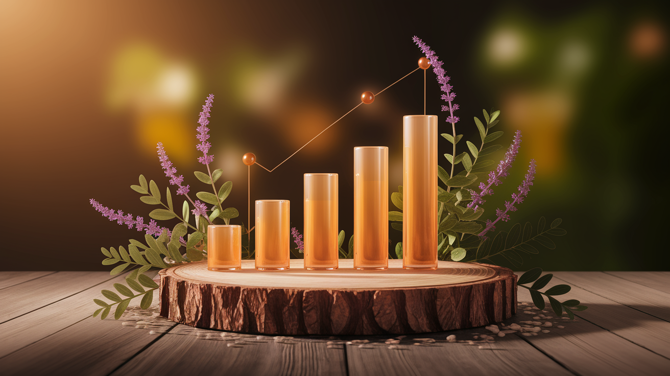 A conceptual illustration representing Evidence and Effectiveness. Visualize the main ideas: . Creative but clear representation of the concept. Style: Use shallow depth of field with selective focus to create a professional, intimate feel  Employ warm, natural lighting that casts a honey-golden glow on the main subjects  Position items on a rustic wooden surface, preferably a cross-section of a tree trunk with visible rings and natural texture  Incorporate vibrant green foliage and delicate purple flowers around the composition's edges  Maintain a soft, gently blurred natural background with subtle bokeh effect  Feature a harmonious color palette of amber, deep greens, and soft purples  Arrange elements at varying heights to create visual interest and natural flow  Create a clean, uncluttered composition that feels organic yet intentional  Capture fine details and textures with macro-photography techniques  Evoke a serene, botanical spa-like atmosphere that feels both premium and natural. high quality, detailed, professional, clean composition, good lighting, sharp focus, well-composed. high quality, professional, detailed, well-composed