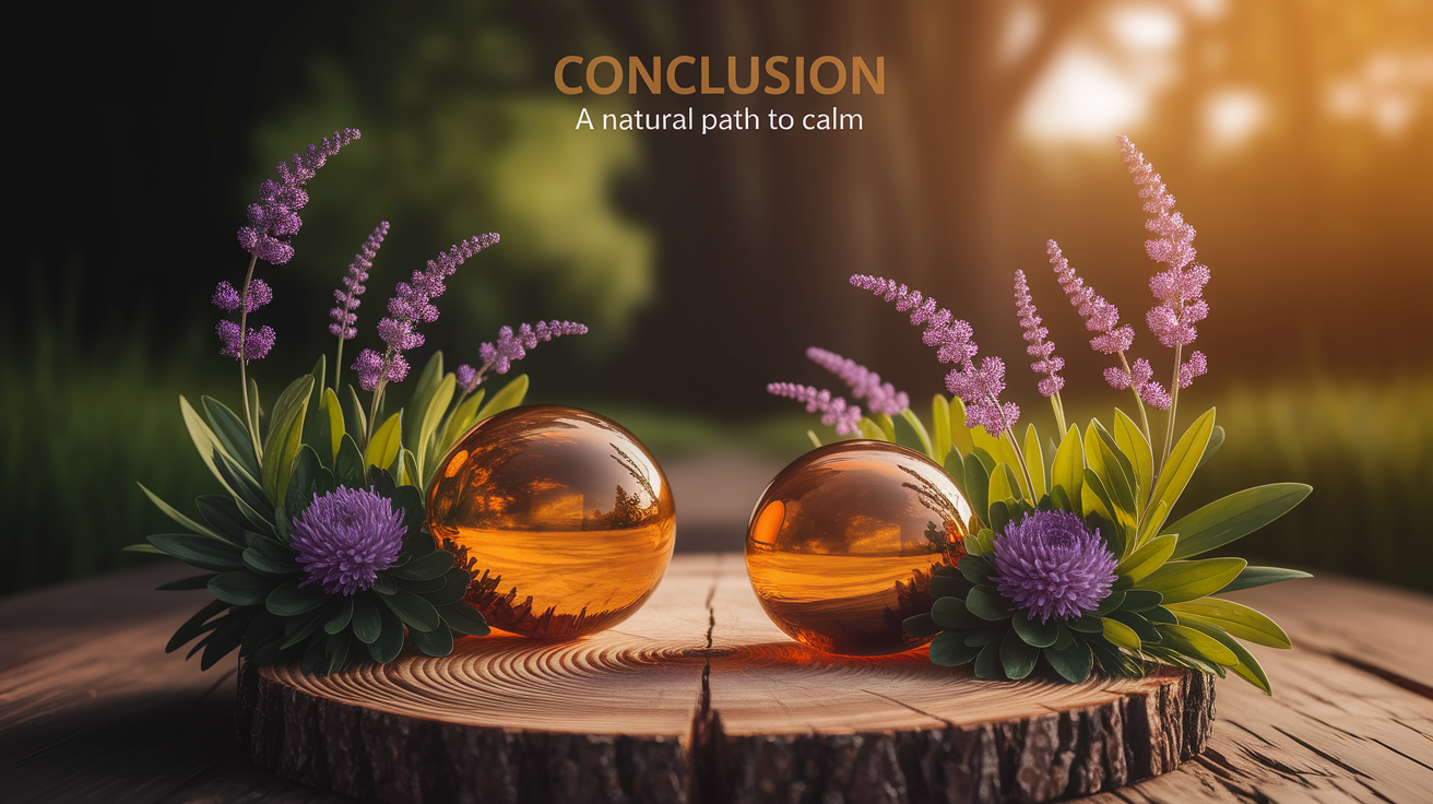 A conceptual illustration representing Conclusion: A Natural Path to Calm. Visualize the main ideas: . Creative but clear representation of the concept. Style: Use shallow depth of field with selective focus to create a professional, intimate feel  Employ warm, natural lighting that casts a honey-golden glow on the main subjects  Position items on a rustic wooden surface, preferably a cross-section of a tree trunk with visible rings and natural texture  Incorporate vibrant green foliage and delicate purple flowers around the composition's edges  Maintain a soft, gently blurred natural background with subtle bokeh effect  Feature a harmonious color palette of amber, deep greens, and soft purples  Arrange elements at varying heights to create visual interest and natural flow  Create a clean, uncluttered composition that feels organic yet intentional  Capture fine details and textures with macro-photography techniques  Evoke a serene, botanical spa-like atmosphere that feels both premium and natural. high quality, detailed, professional, clean composition, good lighting, sharp focus, well-composed. high quality, professional, detailed, well-composed