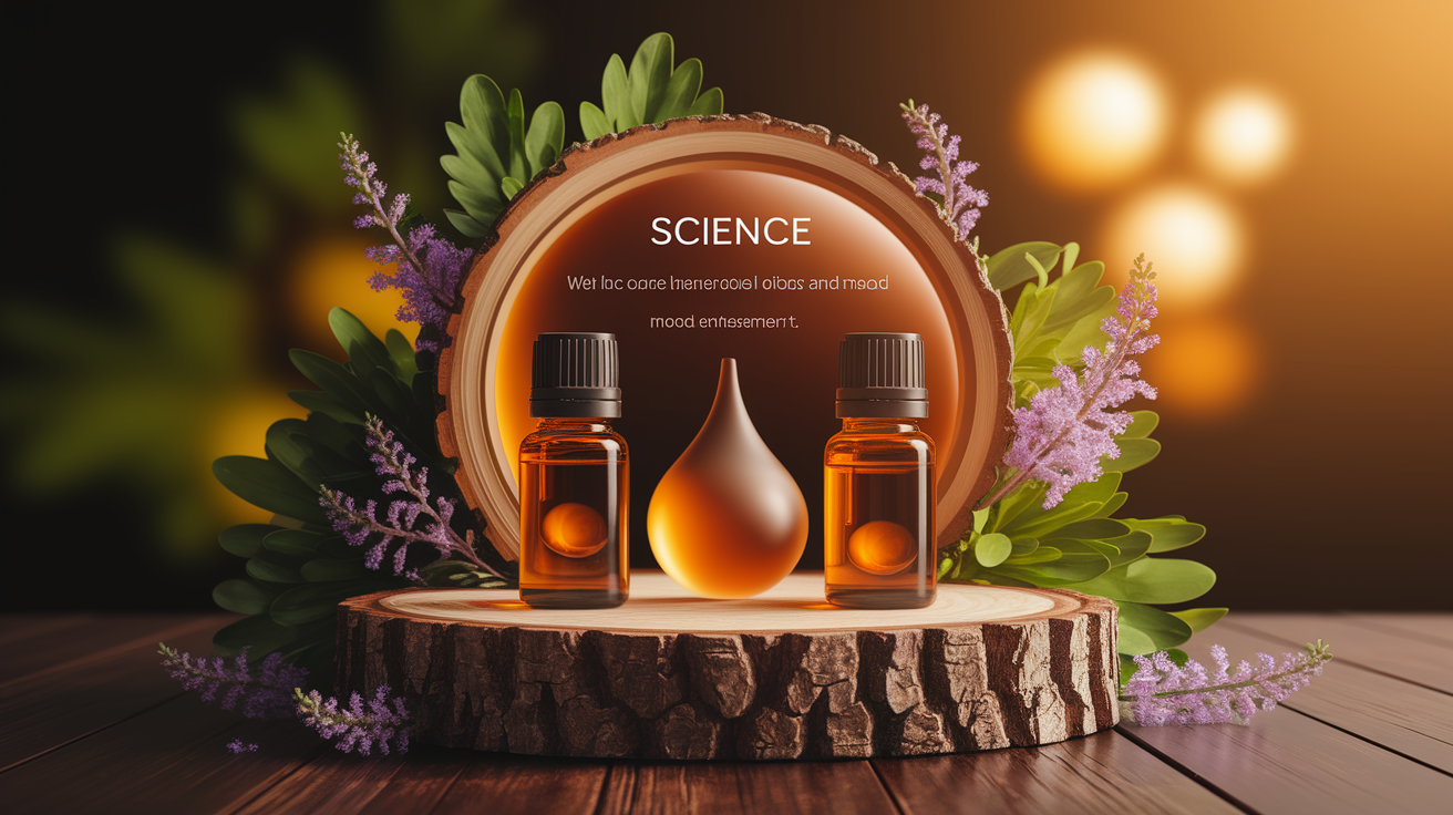 A conceptual illustration representing The Science Behind Essential Oils and Mood Enhancement. Visualize the main ideas: . Creative but clear representation of the concept. Style: Use shallow depth of field with selective focus to create a professional, intimate feel Employ warm, natural lighting that casts a honey-golden glow on the main subjects Position items on a rustic wooden surface, preferably a cross-section of a tree trunk with visible rings and natural texture Incorporate vibrant green foliage and delicate purple flowers around the composition's edges Maintain a soft, gently blurred natural background with subtle bokeh effect Feature a harmonious color palette of amber, deep greens, and soft purples Arrange elements at varying heights to create visual interest and natural flow Create a clean, uncluttered composition that feels organic yet intentional Capture fine details and textures with macro-photography techniques Evoke a serene, botanical spa-like atmosphere that feels both premium and natural. high quality, detailed, professional, clean composition, good lighting, sharp focus, well-composed. high quality, professional, detailed, well-composed