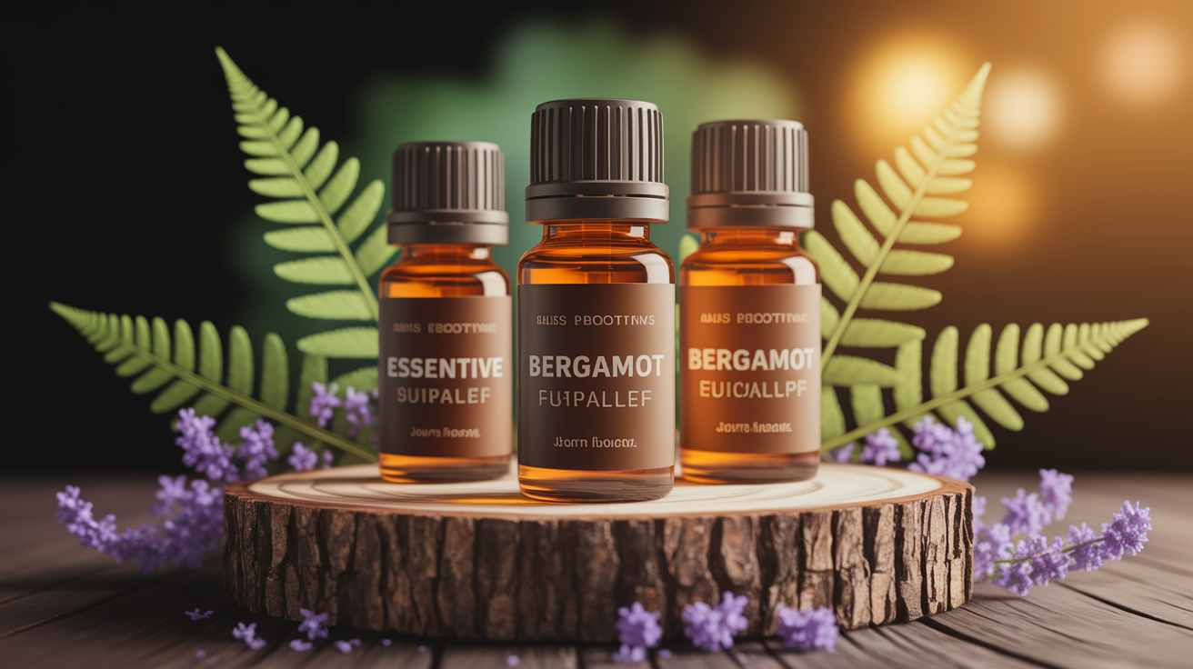 A conceptual illustration representing Top Essential Oils for Mood Boosting. Visualize the main ideas: . Creative but clear representation of the concept. Style: Use shallow depth of field with selective focus to create a professional, intimate feel Employ warm, natural lighting that casts a honey-golden glow on the main subjects Position items on a rustic wooden surface, preferably a cross-section of a tree trunk with visible rings and natural texture Incorporate vibrant green foliage and delicate purple flowers around the composition's edges Maintain a soft, gently blurred natural background with subtle bokeh effect Feature a harmonious color palette of amber, deep greens, and soft purples Arrange elements at varying heights to create visual interest and natural flow Create a clean, uncluttered composition that feels organic yet intentional Capture fine details and textures with macro-photography techniques Evoke a serene, botanical spa-like atmosphere that feels both premium and natural. high quality, detailed, professional, clean composition, good lighting, sharp focus, well-composed. high quality, professional, detailed, well-composed