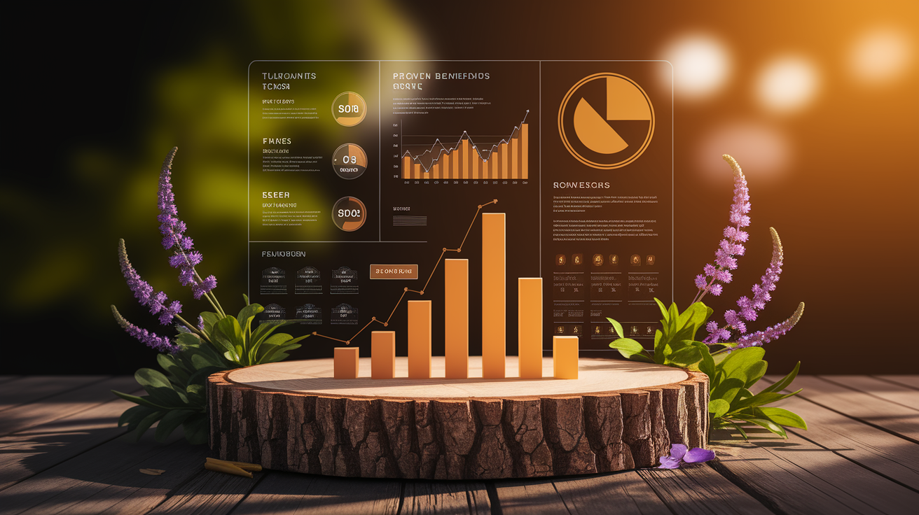 A clean, professional data visualization or infographic related to Proven Benefits from Research. Include elements like charts, graphs, or statistical representations. Focus on . Style: Use shallow depth of field with selective focus to create a professional, intimate feel Employ warm, natural lighting that casts a honey-golden glow on the main subjects Position items on a rustic wooden surface, preferably a cross-section of a tree trunk with visible rings and natural texture Incorporate vibrant green foliage and delicate purple flowers around the composition's edges Maintain a soft, gently blurred natural background with subtle bokeh effect Feature a harmonious color palette of amber, deep greens, and soft purples Arrange elements at varying heights to create visual interest and natural flow Create a clean, uncluttered composition that feels organic yet intentional Capture fine details and textures with macro-photography techniques Evoke a serene, botanical spa-like atmosphere that feels both premium and natural. high quality, detailed, professional, clean composition, good lighting, sharp focus, well-composed. high quality, professional, detailed, well-composed