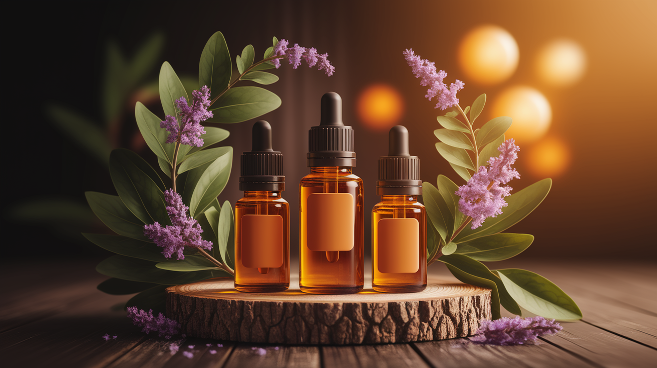 A conceptual illustration representing Effective Methods for Using Essential Oils. Visualize the main ideas: . Creative but clear representation of the concept. Style: Use shallow depth of field with selective focus to create a professional, intimate feel Employ warm, natural lighting that casts a honey-golden glow on the main subjects Position items on a rustic wooden surface, preferably a cross-section of a tree trunk with visible rings and natural texture Incorporate vibrant green foliage and delicate purple flowers around the composition's edges Maintain a soft, gently blurred natural background with subtle bokeh effect Feature a harmonious color palette of amber, deep greens, and soft purples Arrange elements at varying heights to create visual interest and natural flow Create a clean, uncluttered composition that feels organic yet intentional Capture fine details and textures with macro-photography techniques Evoke a serene, botanical spa-like atmosphere that feels both premium and natural. high quality, detailed, professional, clean composition, good lighting, sharp focus, well-composed. high quality, professional, detailed, well-composed