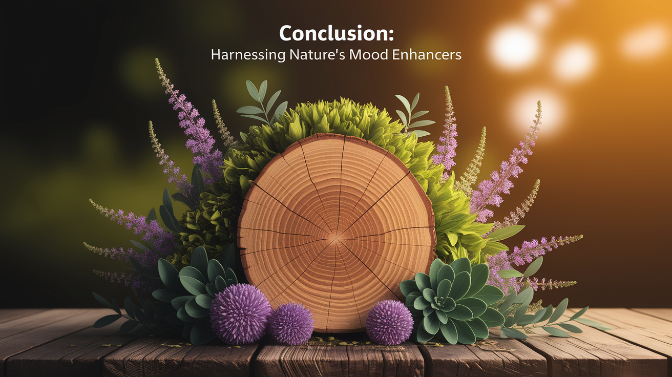 A conceptual illustration representing Conclusion: Harnessing Nature's Mood Enhancers. Visualize the main ideas: . Creative but clear representation of the concept. Style: Use shallow depth of field with selective focus to create a professional, intimate feel Employ warm, natural lighting that casts a honey-golden glow on the main subjects Position items on a rustic wooden surface, preferably a cross-section of a tree trunk with visible rings and natural texture Incorporate vibrant green foliage and delicate purple flowers around the composition's edges Maintain a soft, gently blurred natural background with subtle bokeh effect Feature a harmonious color palette of amber, deep greens, and soft purples Arrange elements at varying heights to create visual interest and natural flow Create a clean, uncluttered composition that feels organic yet intentional Capture fine details and textures with macro-photography techniques Evoke a serene, botanical spa-like atmosphere that feels both premium and natural. high quality, detailed, professional, clean composition, good lighting, sharp focus, well-composed. high quality, professional, detailed, well-composed