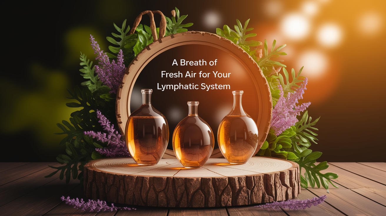 A conceptual illustration representing Introduction - A Breath of Fresh Air for Your Lymphatic System. Visualize the main ideas: . Creative but clear representation of the concept. Style: Use shallow depth of field with selective focus to create a professional, intimate feel  Employ warm, natural lighting that casts a honey-golden glow on the main subjects  Position items on a rustic wooden surface, preferably a cross-section of a tree trunk with visible rings and natural texture  Incorporate vibrant green foliage and delicate purple flowers around the composition's edges  Maintain a soft, gently blurred natural background with subtle bokeh effect  Feature a harmonious color palette of amber, deep greens, and soft purples  Arrange elements at varying heights to create visual interest and natural flow  Create a clean, uncluttered composition that feels organic yet intentional  Capture fine details and textures with macro-photography techniques  Evoke a serene, botanical spa-like atmosphere that feels both premium and natural. high quality, detailed, professional, clean composition, good lighting, sharp focus, well-composed. high quality, professional, detailed, well-composed