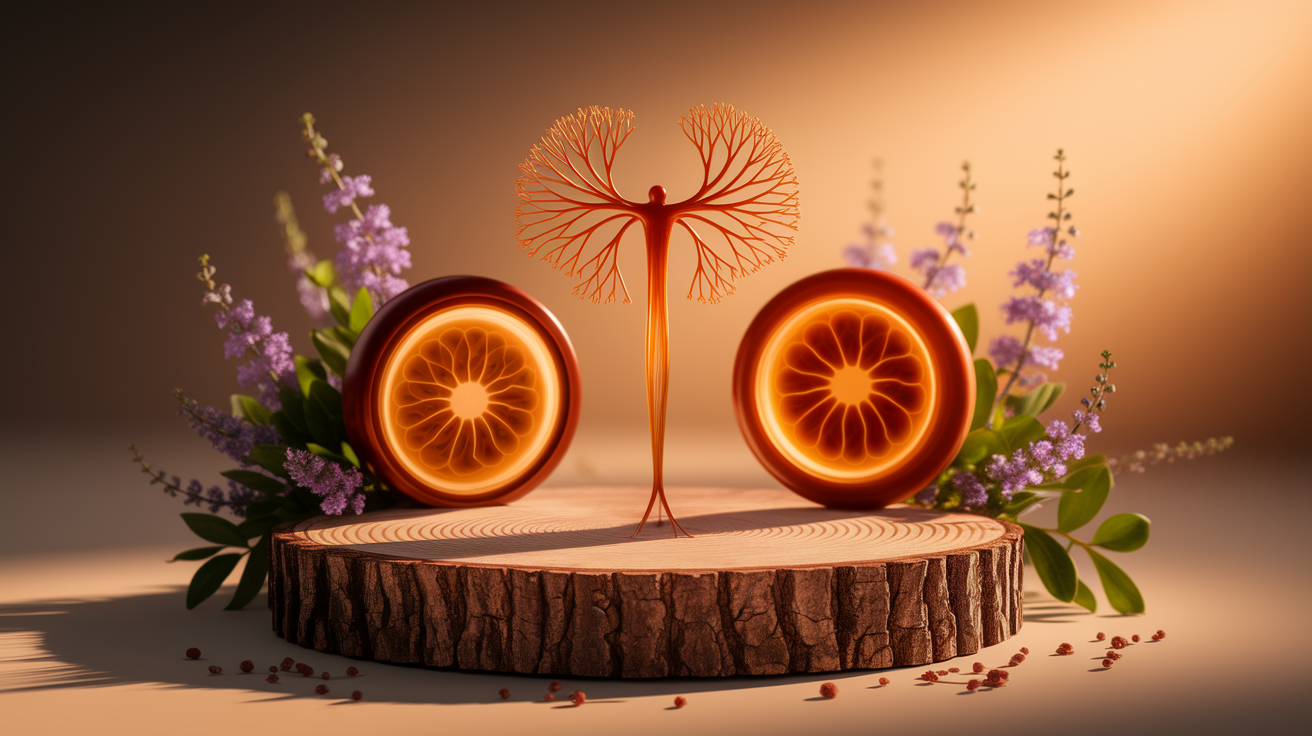 A conceptual illustration representing Understanding the Lymphatic System. Visualize the main ideas: . Creative but clear representation of the concept. Style: Use shallow depth of field with selective focus to create a professional, intimate feel  Employ warm, natural lighting that casts a honey-golden glow on the main subjects  Position items on a rustic wooden surface, preferably a cross-section of a tree trunk with visible rings and natural texture  Incorporate vibrant green foliage and delicate purple flowers around the composition's edges  Maintain a soft, gently blurred natural background with subtle bokeh effect  Feature a harmonious color palette of amber, deep greens, and soft purples  Arrange elements at varying heights to create visual interest and natural flow  Create a clean, uncluttered composition that feels organic yet intentional  Capture fine details and textures with macro-photography techniques  Evoke a serene, botanical spa-like atmosphere that feels both premium and natural. high quality, detailed, professional, clean composition, good lighting, sharp focus, well-composed. high quality, professional, detailed, well-composed