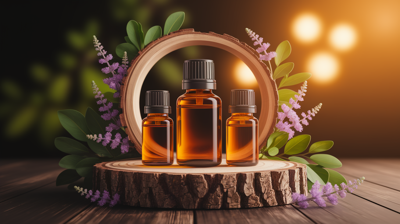 A conceptual illustration representing How Essential Oils Benefit Lymphatic Health. Visualize the main ideas: . Creative but clear representation of the concept. Style: Use shallow depth of field with selective focus to create a professional, intimate feel  Employ warm, natural lighting that casts a honey-golden glow on the main subjects  Position items on a rustic wooden surface, preferably a cross-section of a tree trunk with visible rings and natural texture  Incorporate vibrant green foliage and delicate purple flowers around the composition's edges  Maintain a soft, gently blurred natural background with subtle bokeh effect  Feature a harmonious color palette of amber, deep greens, and soft purples  Arrange elements at varying heights to create visual interest and natural flow  Create a clean, uncluttered composition that feels organic yet intentional  Capture fine details and textures with macro-photography techniques  Evoke a serene, botanical spa-like atmosphere that feels both premium and natural. high quality, detailed, professional, clean composition, good lighting, sharp focus, well-composed. high quality, professional, detailed, well-composed