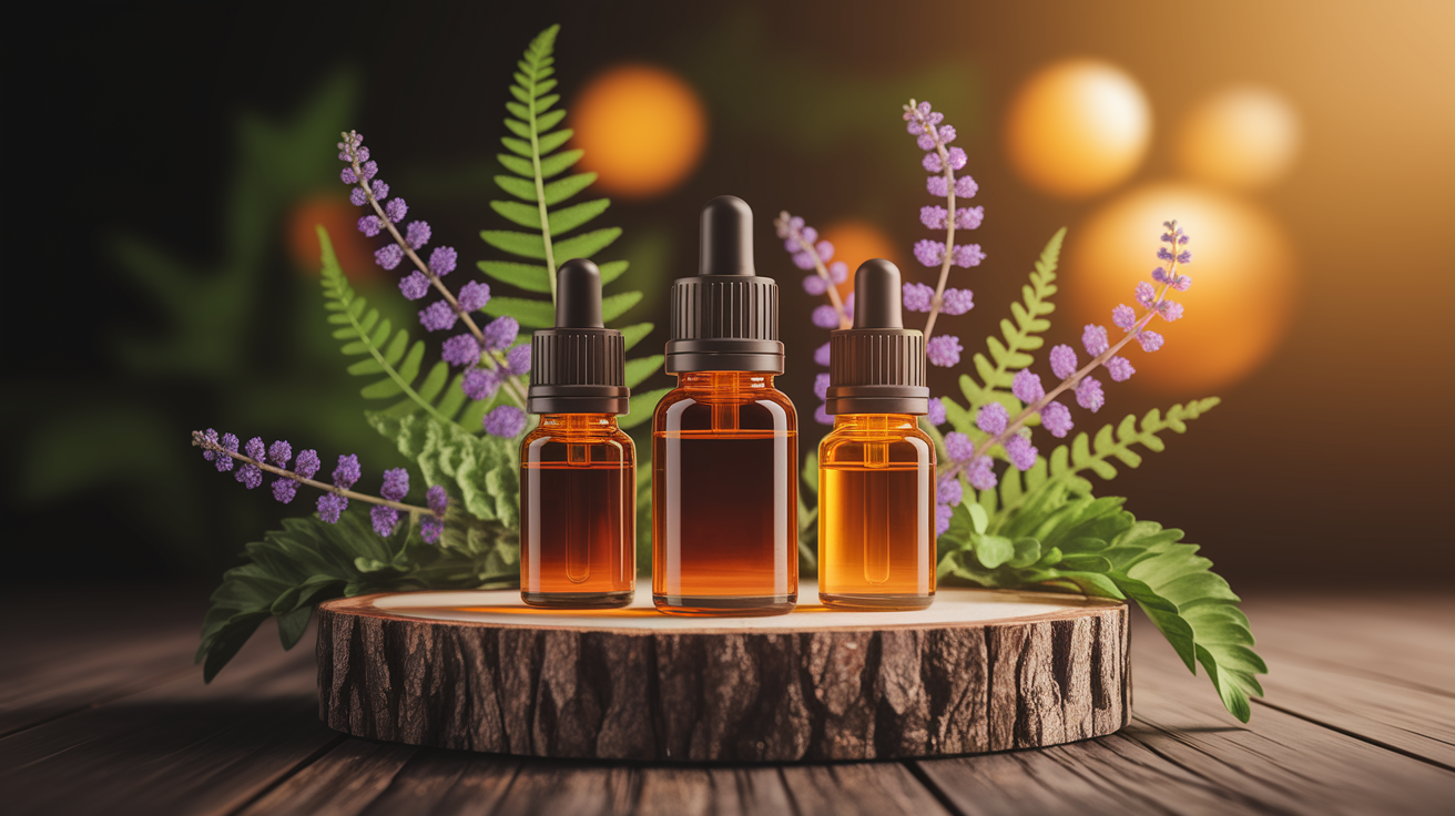 A conceptual illustration representing Top Essential Oils for Lymphatic Health. Visualize the main ideas: . Creative but clear representation of the concept. Style: Use shallow depth of field with selective focus to create a professional, intimate feel  Employ warm, natural lighting that casts a honey-golden glow on the main subjects  Position items on a rustic wooden surface, preferably a cross-section of a tree trunk with visible rings and natural texture  Incorporate vibrant green foliage and delicate purple flowers around the composition's edges  Maintain a soft, gently blurred natural background with subtle bokeh effect  Feature a harmonious color palette of amber, deep greens, and soft purples  Arrange elements at varying heights to create visual interest and natural flow  Create a clean, uncluttered composition that feels organic yet intentional  Capture fine details and textures with macro-photography techniques  Evoke a serene, botanical spa-like atmosphere that feels both premium and natural. high quality, detailed, professional, clean composition, good lighting, sharp focus, well-composed. high quality, professional, detailed, well-composed