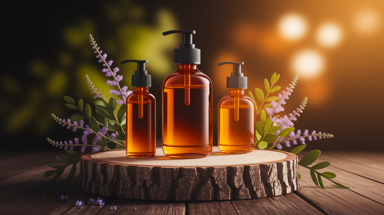 A conceptual illustration representing Application Methods for Maximum Benefit. Visualize the main ideas: . Creative but clear representation of the concept. Style: Use shallow depth of field with selective focus to create a professional, intimate feel  Employ warm, natural lighting that casts a honey-golden glow on the main subjects  Position items on a rustic wooden surface, preferably a cross-section of a tree trunk with visible rings and natural texture  Incorporate vibrant green foliage and delicate purple flowers around the composition's edges  Maintain a soft, gently blurred natural background with subtle bokeh effect  Feature a harmonious color palette of amber, deep greens, and soft purples  Arrange elements at varying heights to create visual interest and natural flow  Create a clean, uncluttered composition that feels organic yet intentional  Capture fine details and textures with macro-photography techniques  Evoke a serene, botanical spa-like atmosphere that feels both premium and natural. high quality, detailed, professional, clean composition, good lighting, sharp focus, well-composed. high quality, professional, detailed, well-composed