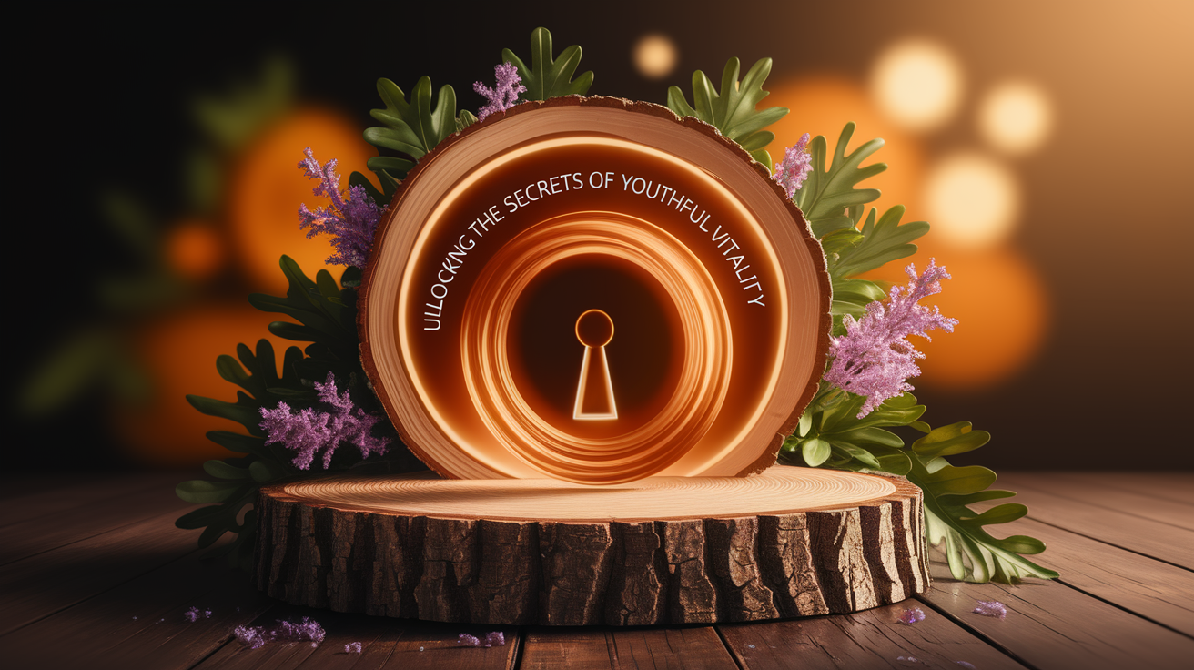 A conceptual illustration representing Introduction - Unlocking the Secrets of Youthful Vitality. Visualize the main ideas: . Creative but clear representation of the concept. Style: Use shallow depth of field with selective focus to create a professional, intimate feel Employ warm, natural lighting that casts a honey-golden glow on the main subjects Position items on a rustic wooden surface, preferably a cross-section of a tree trunk with visible rings and natural texture Incorporate vibrant green foliage and delicate purple flowers around the composition's edges Maintain a soft, gently blurred natural background with subtle bokeh effect Feature a harmonious color palette of amber, deep greens, and soft purples Arrange elements at varying heights to create visual interest and natural flow Create a clean, uncluttered composition that feels organic yet intentional Capture fine details and textures with macro-photography techniques Evoke a serene, botanical spa-like atmosphere that feels both premium and natural. high quality, detailed, professional, clean composition, good lighting, sharp focus, well-composed. high quality, professional, detailed, well-composed