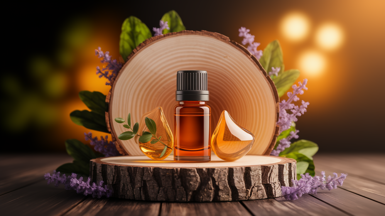 A conceptual illustration representing Neuroprotective Properties of Essential Oils. Visualize the main ideas: . Creative but clear representation of the concept. Style: Use shallow depth of field with selective focus to create a professional, intimate feel Employ warm, natural lighting that casts a honey-golden glow on the main subjects Position items on a rustic wooden surface, preferably a cross-section of a tree trunk with visible rings and natural texture Incorporate vibrant green foliage and delicate purple flowers around the composition's edges Maintain a soft, gently blurred natural background with subtle bokeh effect Feature a harmonious color palette of amber, deep greens, and soft purples Arrange elements at varying heights to create visual interest and natural flow Create a clean, uncluttered composition that feels organic yet intentional Capture fine details and textures with macro-photography techniques Evoke a serene, botanical spa-like atmosphere that feels both premium and natural. high quality, detailed, professional, clean composition, good lighting, sharp focus, well-composed. high quality, professional, detailed, well-composed