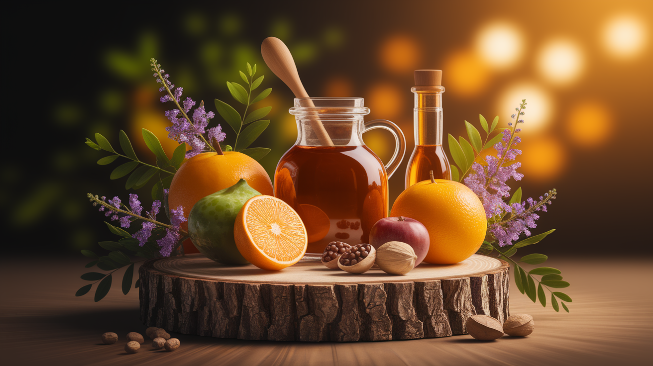 A conceptual illustration representing Antioxidant Powerhouses. Visualize the main ideas: . Creative but clear representation of the concept. Style: Use shallow depth of field with selective focus to create a professional, intimate feel Employ warm, natural lighting that casts a honey-golden glow on the main subjects Position items on a rustic wooden surface, preferably a cross-section of a tree trunk with visible rings and natural texture Incorporate vibrant green foliage and delicate purple flowers around the composition's edges Maintain a soft, gently blurred natural background with subtle bokeh effect Feature a harmonious color palette of amber, deep greens, and soft purples Arrange elements at varying heights to create visual interest and natural flow Create a clean, uncluttered composition that feels organic yet intentional Capture fine details and textures with macro-photography techniques Evoke a serene, botanical spa-like atmosphere that feels both premium and natural. high quality, detailed, professional, clean composition, good lighting, sharp focus, well-composed. high quality, professional, detailed, well-composed