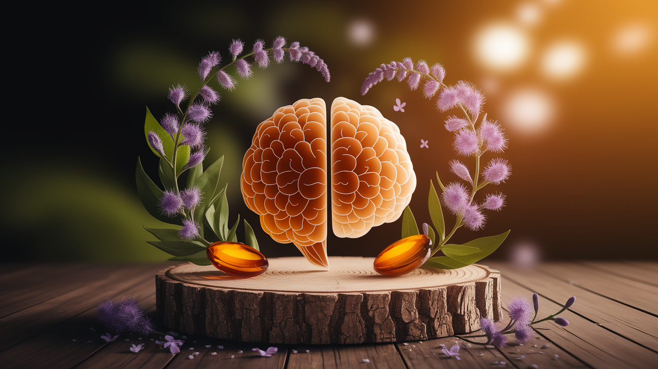 A conceptual illustration representing Boosting Cognitive Function. Visualize the main ideas: . Creative but clear representation of the concept. Style: Use shallow depth of field with selective focus to create a professional, intimate feel Employ warm, natural lighting that casts a honey-golden glow on the main subjects Position items on a rustic wooden surface, preferably a cross-section of a tree trunk with visible rings and natural texture Incorporate vibrant green foliage and delicate purple flowers around the composition's edges Maintain a soft, gently blurred natural background with subtle bokeh effect Feature a harmonious color palette of amber, deep greens, and soft purples Arrange elements at varying heights to create visual interest and natural flow Create a clean, uncluttered composition that feels organic yet intentional Capture fine details and textures with macro-photography techniques Evoke a serene, botanical spa-like atmosphere that feels both premium and natural. high quality, detailed, professional, clean composition, good lighting, sharp focus, well-composed. high quality, professional, detailed, well-composed
