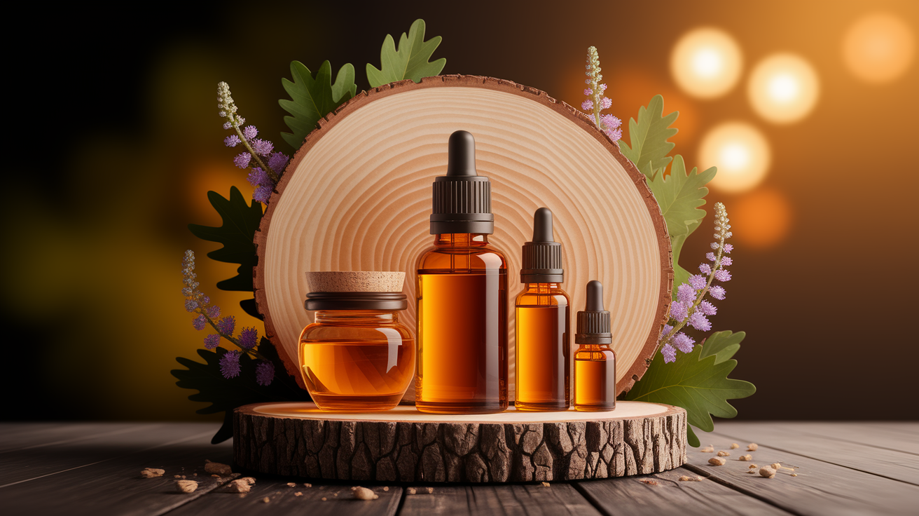 A conceptual illustration representing The Science Behind Essential Oils and Skin Texture. Visualize the main ideas: . Creative but clear representation of the concept. Style: Use shallow depth of field with selective focus to create a professional, intimate feel  Employ warm, natural lighting that casts a honey-golden glow on the main subjects  Position items on a rustic wooden surface, preferably a cross-section of a tree trunk with visible rings and natural texture  Incorporate vibrant green foliage and delicate purple flowers around the composition's edges  Maintain a soft, gently blurred natural background with subtle bokeh effect  Feature a harmonious color palette of amber, deep greens, and soft purples  Arrange elements at varying heights to create visual interest and natural flow  Create a clean, uncluttered composition that feels organic yet intentional  Capture fine details and textures with macro-photography techniques  Evoke a serene, botanical spa-like atmosphere that feels both premium and natural. high quality, detailed, professional, clean composition, good lighting, sharp focus, well-composed. high quality, professional, detailed, well-composed