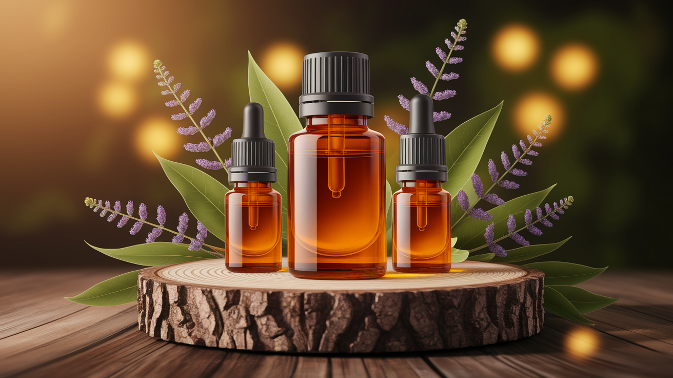 A conceptual illustration representing Top Essential Oils for Improved Skin Texture. Visualize the main ideas: . Creative but clear representation of the concept. Style: Use shallow depth of field with selective focus to create a professional, intimate feel  Employ warm, natural lighting that casts a honey-golden glow on the main subjects  Position items on a rustic wooden surface, preferably a cross-section of a tree trunk with visible rings and natural texture  Incorporate vibrant green foliage and delicate purple flowers around the composition's edges  Maintain a soft, gently blurred natural background with subtle bokeh effect  Feature a harmonious color palette of amber, deep greens, and soft purples  Arrange elements at varying heights to create visual interest and natural flow  Create a clean, uncluttered composition that feels organic yet intentional  Capture fine details and textures with macro-photography techniques  Evoke a serene, botanical spa-like atmosphere that feels both premium and natural. high quality, detailed, professional, clean composition, good lighting, sharp focus, well-composed. high quality, professional, detailed, well-composed