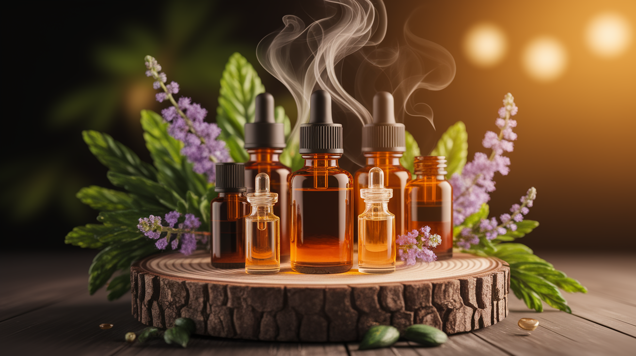 A conceptual illustration representing Mechanisms of Action: How Essential Oils Enhance Skin Permeability. Visualize the main ideas: . Creative but clear representation of the concept. Style: Use shallow depth of field with selective focus to create a professional, intimate feel  Employ warm, natural lighting that casts a honey-golden glow on the main subjects  Position items on a rustic wooden surface, preferably a cross-section of a tree trunk with visible rings and natural texture  Incorporate vibrant green foliage and delicate purple flowers around the composition's edges  Maintain a soft, gently blurred natural background with subtle bokeh effect  Feature a harmonious color palette of amber, deep greens, and soft purples  Arrange elements at varying heights to create visual interest and natural flow  Create a clean, uncluttered composition that feels organic yet intentional  Capture fine details and textures with macro-photography techniques  Evoke a serene, botanical spa-like atmosphere that feels both premium and natural. high quality, detailed, professional, clean composition, good lighting, sharp focus, well-composed. high quality, professional, detailed, well-composed