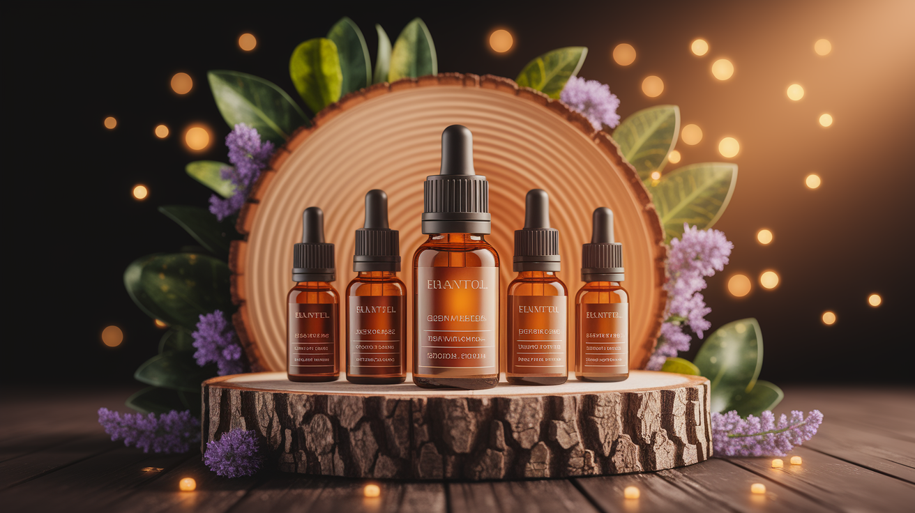 A conceptual illustration representing Clinical Evidence Supporting Essential Oils for Skin Texture. Visualize the main ideas: . Creative but clear representation of the concept. Style: Use shallow depth of field with selective focus to create a professional, intimate feel  Employ warm, natural lighting that casts a honey-golden glow on the main subjects  Position items on a rustic wooden surface, preferably a cross-section of a tree trunk with visible rings and natural texture  Incorporate vibrant green foliage and delicate purple flowers around the composition's edges  Maintain a soft, gently blurred natural background with subtle bokeh effect  Feature a harmonious color palette of amber, deep greens, and soft purples  Arrange elements at varying heights to create visual interest and natural flow  Create a clean, uncluttered composition that feels organic yet intentional  Capture fine details and textures with macro-photography techniques  Evoke a serene, botanical spa-like atmosphere that feels both premium and natural. high quality, detailed, professional, clean composition, good lighting, sharp focus, well-composed. high quality, professional, detailed, well-composed