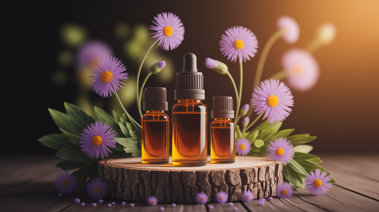 A conceptual illustration representing Unlocking Emotional Balance with Essential Oils. Visualize the main ideas: . Creative but clear representation of the concept. Style: Use shallow depth of field with selective focus to create a professional, intimate feel  Employ warm, natural lighting that casts a honey-golden glow on the main subjects  Position items on a rustic wooden surface, preferably a cross-section of a tree trunk with visible rings and natural texture  Incorporate vibrant green foliage and delicate purple flowers around the composition's edges  Maintain a soft, gently blurred natural background with subtle bokeh effect  Feature a harmonious color palette of amber, deep greens, and soft purples  Arrange elements at varying heights to create visual interest and natural flow  Create a clean, uncluttered composition that feels organic yet intentional  Capture fine details and textures with macro-photography techniques  Evoke a serene, botanical spa-like atmosphere that feels both premium and natural. high quality, detailed, professional, clean composition, good lighting, sharp focus, well-composed. high quality, professional, detailed, well-composed