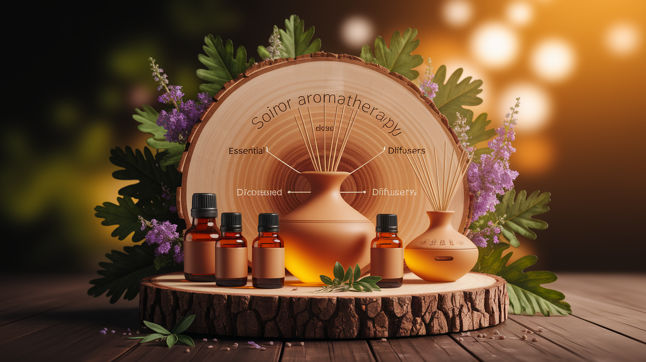 A conceptual illustration representing The Science Behind Aromatherapy. Visualize the main ideas: . Creative but clear representation of the concept. Style: Use shallow depth of field with selective focus to create a professional, intimate feel  Employ warm, natural lighting that casts a honey-golden glow on the main subjects  Position items on a rustic wooden surface, preferably a cross-section of a tree trunk with visible rings and natural texture  Incorporate vibrant green foliage and delicate purple flowers around the composition's edges  Maintain a soft, gently blurred natural background with subtle bokeh effect  Feature a harmonious color palette of amber, deep greens, and soft purples  Arrange elements at varying heights to create visual interest and natural flow  Create a clean, uncluttered composition that feels organic yet intentional  Capture fine details and textures with macro-photography techniques  Evoke a serene, botanical spa-like atmosphere that feels both premium and natural. high quality, detailed, professional, clean composition, good lighting, sharp focus, well-composed. high quality, professional, detailed, well-composed