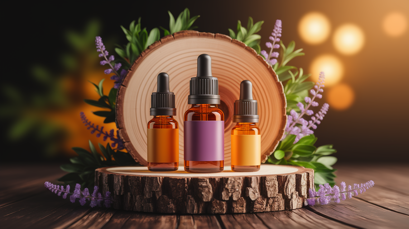 A conceptual illustration representing Key Essential Oils for Mood Enhancement. Visualize the main ideas: . Creative but clear representation of the concept. Style: Use shallow depth of field with selective focus to create a professional, intimate feel  Employ warm, natural lighting that casts a honey-golden glow on the main subjects  Position items on a rustic wooden surface, preferably a cross-section of a tree trunk with visible rings and natural texture  Incorporate vibrant green foliage and delicate purple flowers around the composition's edges  Maintain a soft, gently blurred natural background with subtle bokeh effect  Feature a harmonious color palette of amber, deep greens, and soft purples  Arrange elements at varying heights to create visual interest and natural flow  Create a clean, uncluttered composition that feels organic yet intentional  Capture fine details and textures with macro-photography techniques  Evoke a serene, botanical spa-like atmosphere that feels both premium and natural. high quality, detailed, professional, clean composition, good lighting, sharp focus, well-composed. high quality, professional, detailed, well-composed