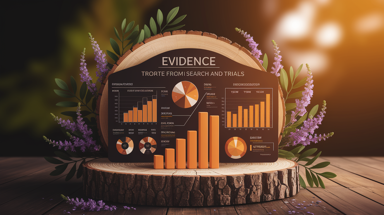 A clean, professional data visualization or infographic related to Evidence from Research and Trials. Include elements like charts, graphs, or statistical representations. Focus on . Style: Use shallow depth of field with selective focus to create a professional, intimate feel  Employ warm, natural lighting that casts a honey-golden glow on the main subjects  Position items on a rustic wooden surface, preferably a cross-section of a tree trunk with visible rings and natural texture  Incorporate vibrant green foliage and delicate purple flowers around the composition's edges  Maintain a soft, gently blurred natural background with subtle bokeh effect  Feature a harmonious color palette of amber, deep greens, and soft purples  Arrange elements at varying heights to create visual interest and natural flow  Create a clean, uncluttered composition that feels organic yet intentional  Capture fine details and textures with macro-photography techniques  Evoke a serene, botanical spa-like atmosphere that feels both premium and natural. high quality, detailed, professional, clean composition, good lighting, sharp focus, well-composed. high quality, professional, detailed, well-composed
