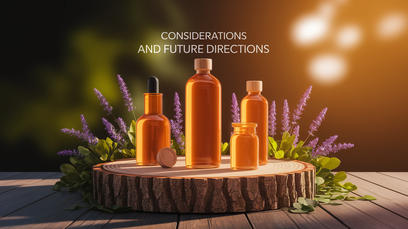 A conceptual illustration representing Considerations and Future Directions. Visualize the main ideas: . Creative but clear representation of the concept. Style: Use shallow depth of field with selective focus to create a professional, intimate feel  Employ warm, natural lighting that casts a honey-golden glow on the main subjects  Position items on a rustic wooden surface, preferably a cross-section of a tree trunk with visible rings and natural texture  Incorporate vibrant green foliage and delicate purple flowers around the composition's edges  Maintain a soft, gently blurred natural background with subtle bokeh effect  Feature a harmonious color palette of amber, deep greens, and soft purples  Arrange elements at varying heights to create visual interest and natural flow  Create a clean, uncluttered composition that feels organic yet intentional  Capture fine details and textures with macro-photography techniques  Evoke a serene, botanical spa-like atmosphere that feels both premium and natural. high quality, detailed, professional, clean composition, good lighting, sharp focus, well-composed. high quality, professional, detailed, well-composed