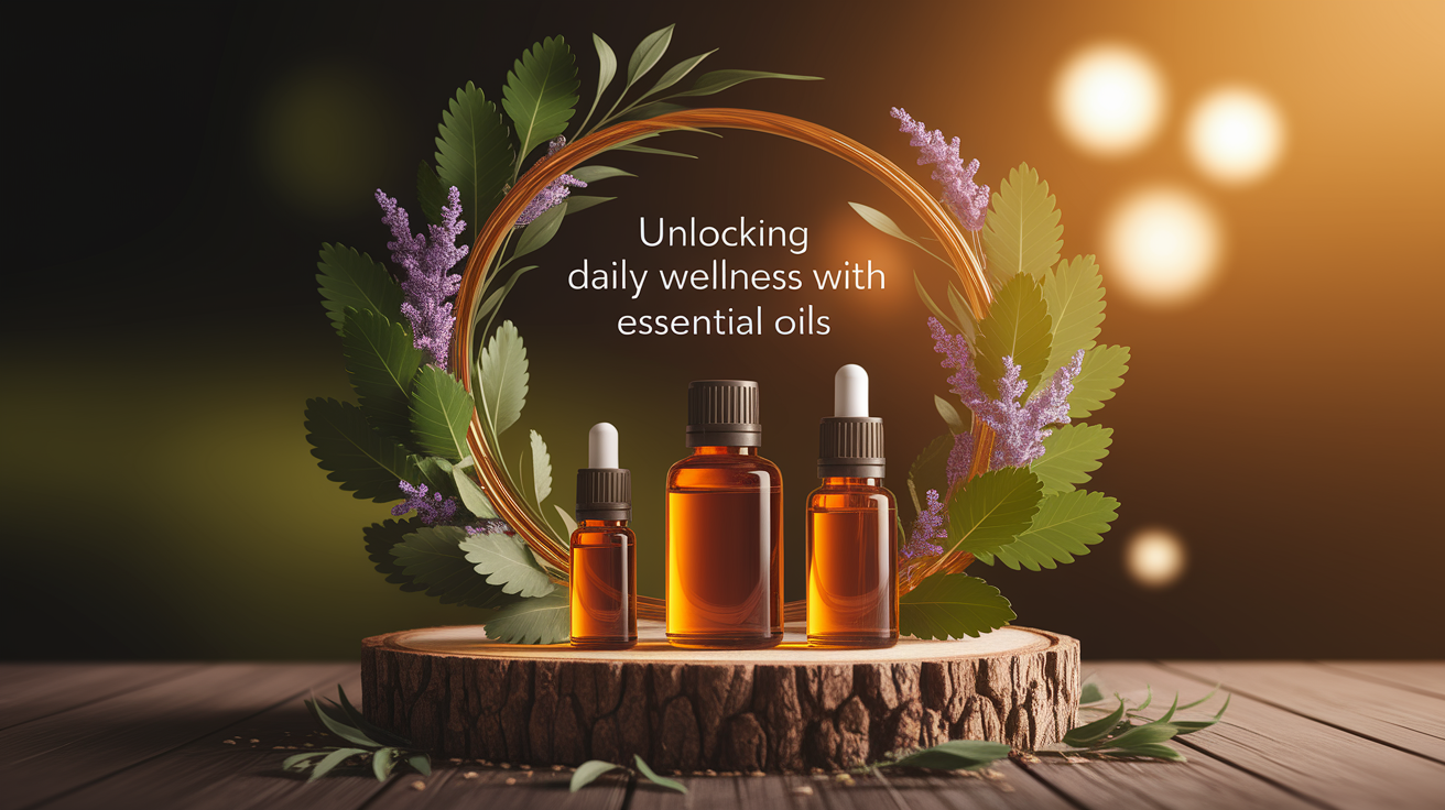 A conceptual illustration representing Unlocking Daily Wellness with Essential Oils. Visualize the main ideas: . Creative but clear representation of the concept. Style: Use shallow depth of field with selective focus to create a professional, intimate feel  Employ warm, natural lighting that casts a honey-golden glow on the main subjects  Position items on a rustic wooden surface, preferably a cross-section of a tree trunk with visible rings and natural texture  Incorporate vibrant green foliage and delicate purple flowers around the composition's edges  Maintain a soft, gently blurred natural background with subtle bokeh effect  Feature a harmonious color palette of amber, deep greens, and soft purples  Arrange elements at varying heights to create visual interest and natural flow  Create a clean, uncluttered composition that feels organic yet intentional  Capture fine details and textures with macro-photography techniques  Evoke a serene, botanical spa-like atmosphere that feels both premium and natural. high quality, detailed, professional, clean composition, good lighting, sharp focus, well-composed. high quality, professional, detailed, well-composed