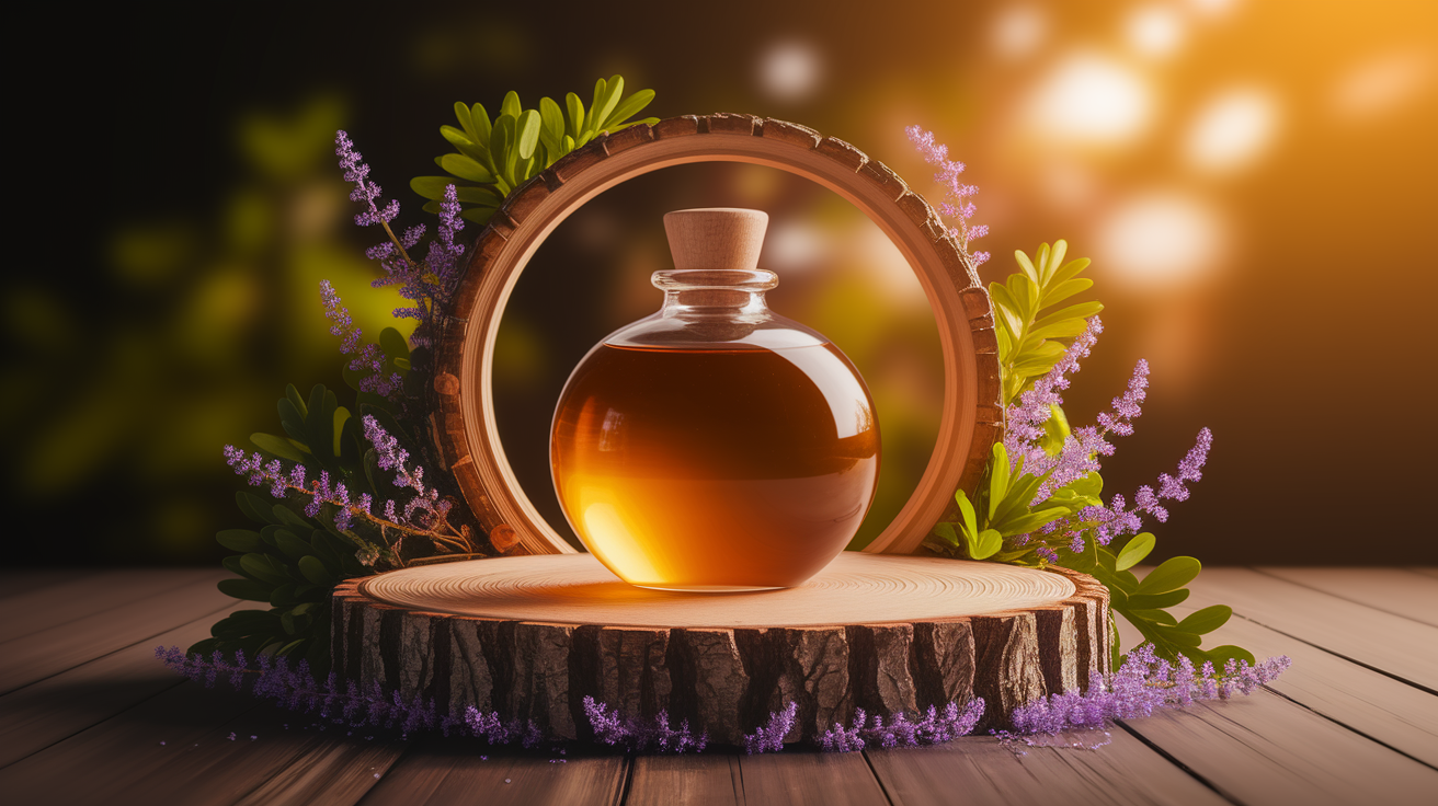 A conceptual illustration representing Stress Relief and Mood Enhancement. Visualize the main ideas: . Creative but clear representation of the concept. Style: Use shallow depth of field with selective focus to create a professional, intimate feel  Employ warm, natural lighting that casts a honey-golden glow on the main subjects  Position items on a rustic wooden surface, preferably a cross-section of a tree trunk with visible rings and natural texture  Incorporate vibrant green foliage and delicate purple flowers around the composition's edges  Maintain a soft, gently blurred natural background with subtle bokeh effect  Feature a harmonious color palette of amber, deep greens, and soft purples  Arrange elements at varying heights to create visual interest and natural flow  Create a clean, uncluttered composition that feels organic yet intentional  Capture fine details and textures with macro-photography techniques  Evoke a serene, botanical spa-like atmosphere that feels both premium and natural. high quality, detailed, professional, clean composition, good lighting, sharp focus, well-composed. high quality, professional, detailed, well-composed