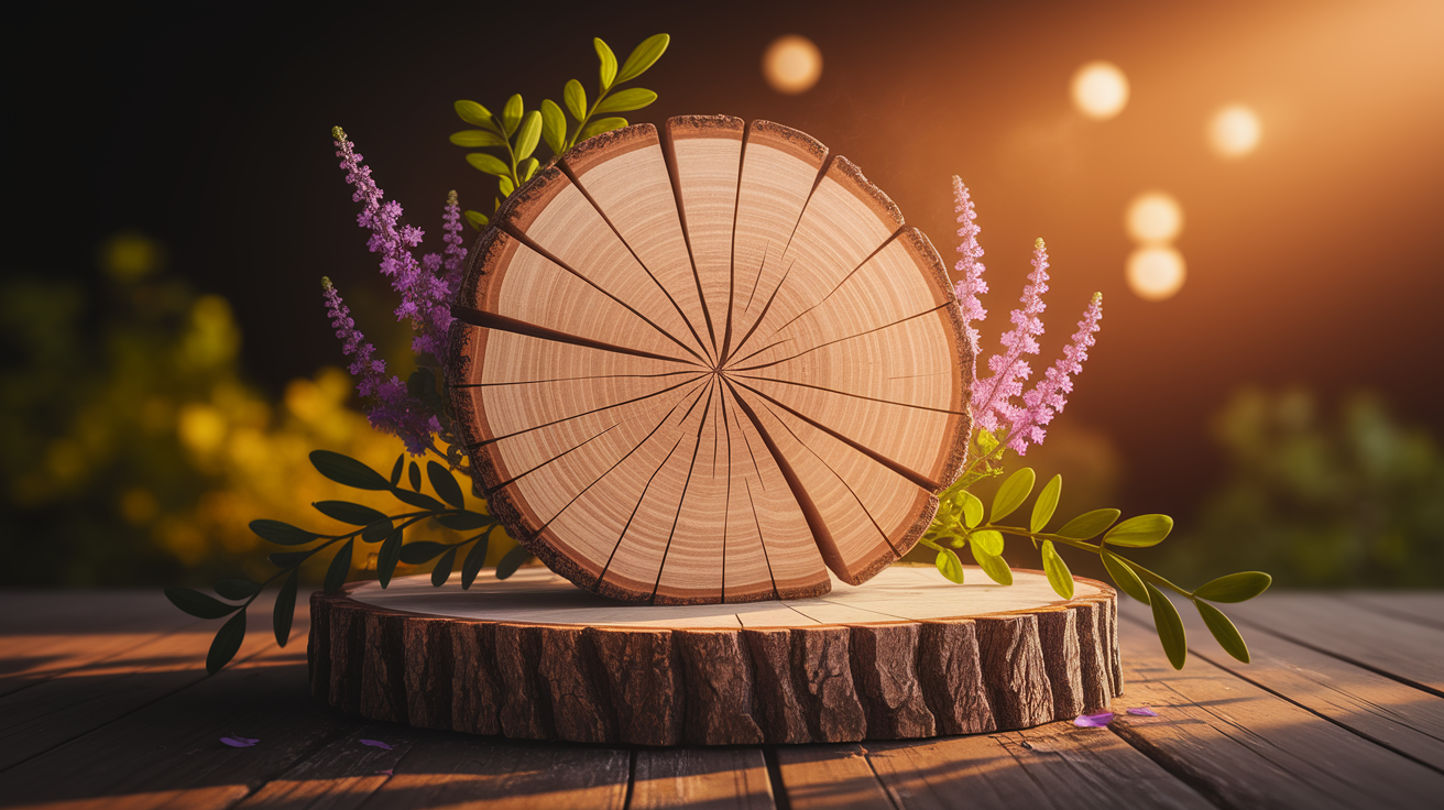 A conceptual illustration representing Cognitive Boost and Focus. Visualize the main ideas: . Creative but clear representation of the concept. Style: Use shallow depth of field with selective focus to create a professional, intimate feel  Employ warm, natural lighting that casts a honey-golden glow on the main subjects  Position items on a rustic wooden surface, preferably a cross-section of a tree trunk with visible rings and natural texture  Incorporate vibrant green foliage and delicate purple flowers around the composition's edges  Maintain a soft, gently blurred natural background with subtle bokeh effect  Feature a harmonious color palette of amber, deep greens, and soft purples  Arrange elements at varying heights to create visual interest and natural flow  Create a clean, uncluttered composition that feels organic yet intentional  Capture fine details and textures with macro-photography techniques  Evoke a serene, botanical spa-like atmosphere that feels both premium and natural. high quality, detailed, professional, clean composition, good lighting, sharp focus, well-composed. high quality, professional, detailed, well-composed