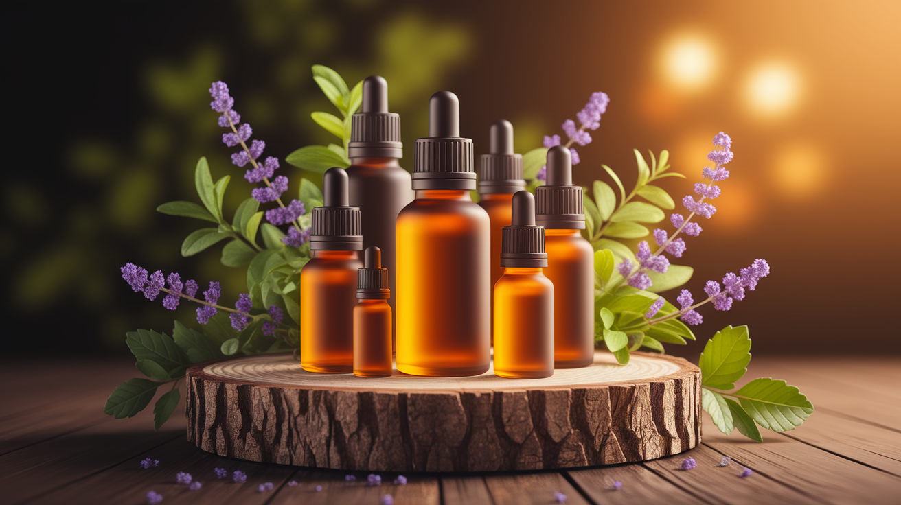 A conceptual illustration representing Safe and Effective Use of Essential Oils. Visualize the main ideas: . Creative but clear representation of the concept. Style: Use shallow depth of field with selective focus to create a professional, intimate feel  Employ warm, natural lighting that casts a honey-golden glow on the main subjects  Position items on a rustic wooden surface, preferably a cross-section of a tree trunk with visible rings and natural texture  Incorporate vibrant green foliage and delicate purple flowers around the composition's edges  Maintain a soft, gently blurred natural background with subtle bokeh effect  Feature a harmonious color palette of amber, deep greens, and soft purples  Arrange elements at varying heights to create visual interest and natural flow  Create a clean, uncluttered composition that feels organic yet intentional  Capture fine details and textures with macro-photography techniques  Evoke a serene, botanical spa-like atmosphere that feels both premium and natural. high quality, detailed, professional, clean composition, good lighting, sharp focus, well-composed. high quality, professional, detailed, well-composed