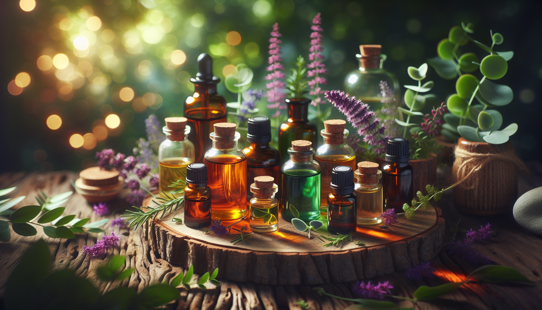A conceptual illustration representing Understanding Essential Oils and Their Benefits. Visualize the main ideas: . Creative but clear representation of the concept. Style: Use shallow depth of field with selective focus to create a professional, intimate feel  Employ warm, natural lighting that casts a honey-golden glow on the main subjects  Position items on a rustic wooden surface, preferably a cross-section of a tree trunk with visible rings and natural texture  Incorporate vibrant green foliage and delicate purple flowers around the composition's edges  Maintain a soft, gently blurred natural background with subtle bokeh effect  Feature a harmonious color palette of amber, deep greens, and soft purples  Arrange elements at varying heights to create visual interest and natural flow  Create a clean, uncluttered composition that feels organic yet intentional  Capture fine details and textures with macro-photography techniques  Evoke a serene, botanical spa-like atmosphere that feels both premium and natural. high quality, detailed, professional, clean composition, good lighting, sharp focus, well-composed. high quality, professional, detailed, well-composed