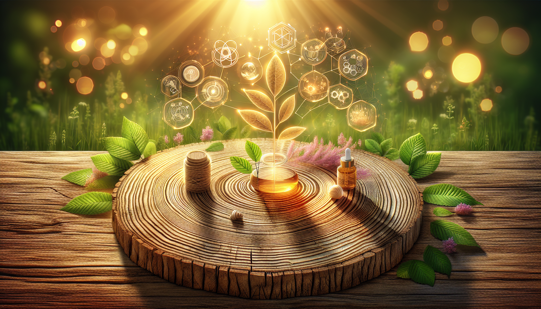 A conceptual illustration representing Clinical Evidence and Studies. Visualize the main ideas: . Creative but clear representation of the concept. Style: Use shallow depth of field with selective focus to create a professional, intimate feel  Employ warm, natural lighting that casts a honey-golden glow on the main subjects  Position items on a rustic wooden surface, preferably a cross-section of a tree trunk with visible rings and natural texture  Incorporate vibrant green foliage and delicate purple flowers around the composition's edges  Maintain a soft, gently blurred natural background with subtle bokeh effect  Feature a harmonious color palette of amber, deep greens, and soft purples  Arrange elements at varying heights to create visual interest and natural flow  Create a clean, uncluttered composition that feels organic yet intentional  Capture fine details and textures with macro-photography techniques  Evoke a serene, botanical spa-like atmosphere that feels both premium and natural. high quality, detailed, professional, clean composition, good lighting, sharp focus, well-composed. high quality, professional, detailed, well-composed